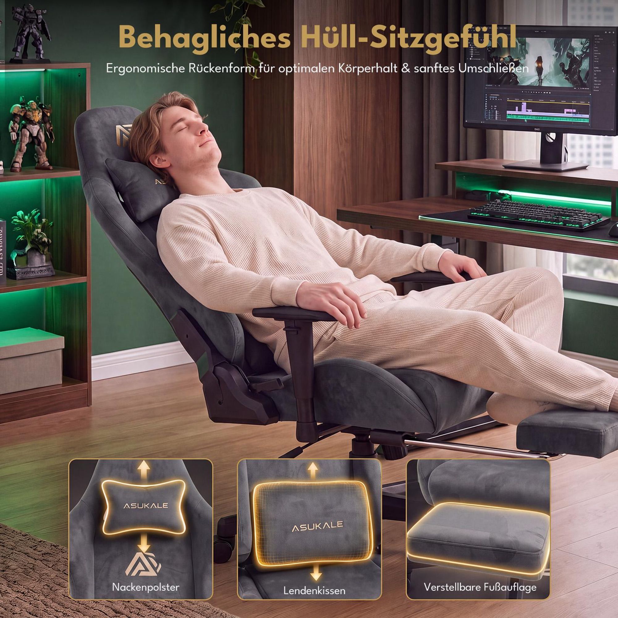 Grauer Gaming-Stuhl, Materialübersicht WildKunstleder und Schaumpolsterung