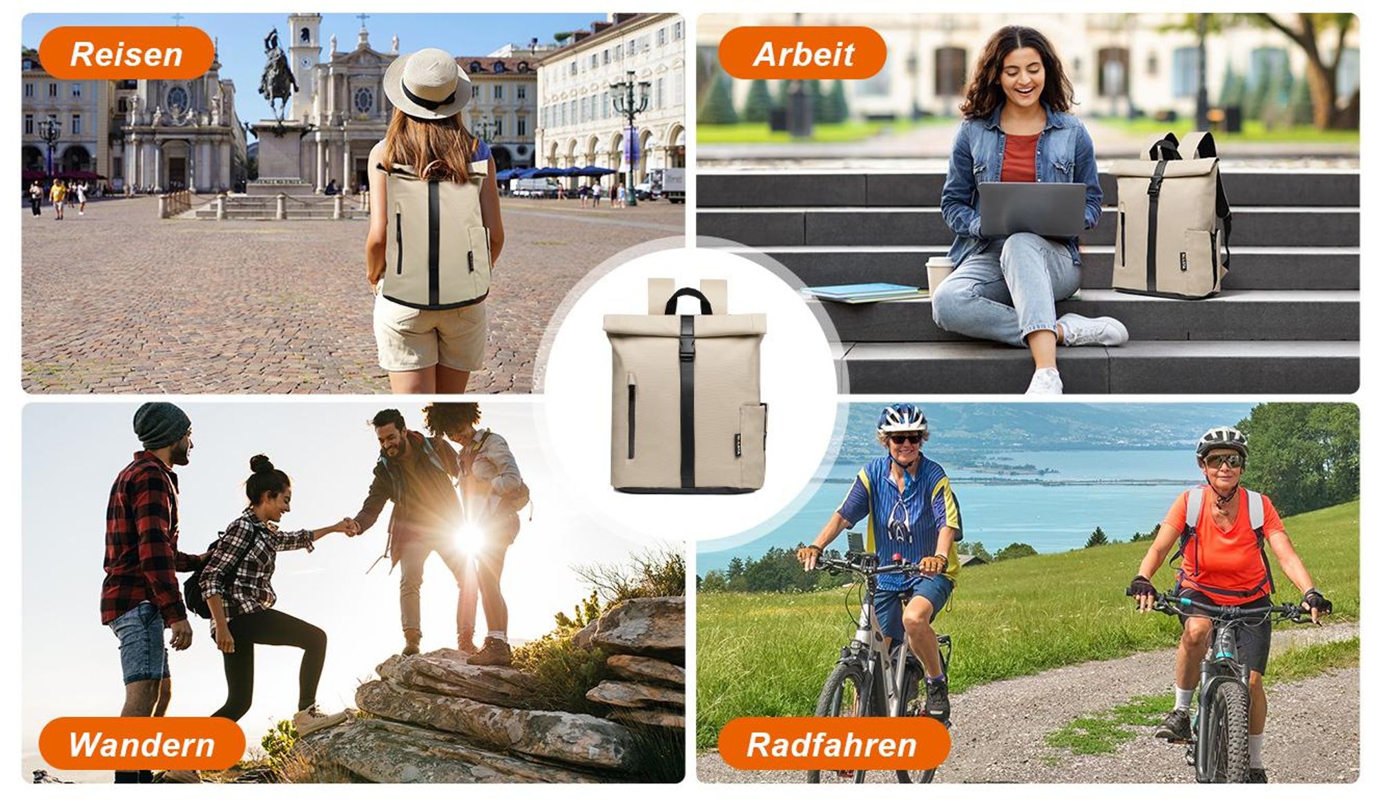 Damen Herren Rolltop Rucksack 25L, Groß Schulrucksack Wasserdicht mit 15,6 Zoll Laptopfach, Backpack für Job Radsport Reisen Freizeit Fahrrad,Aprikose