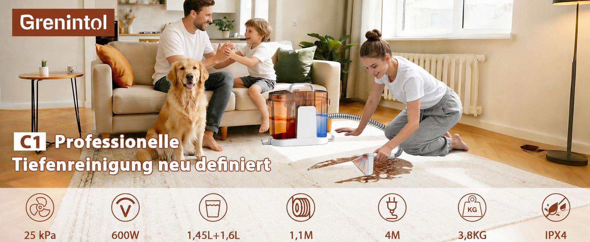 Grenintol Waschsauger bis zu 25 kPa, 600 W Nasssauger, Teppichreiniger und Polsterreiniger mit 1,45 l + 1,6 l Doppeltank für Sofa Auto Matratze