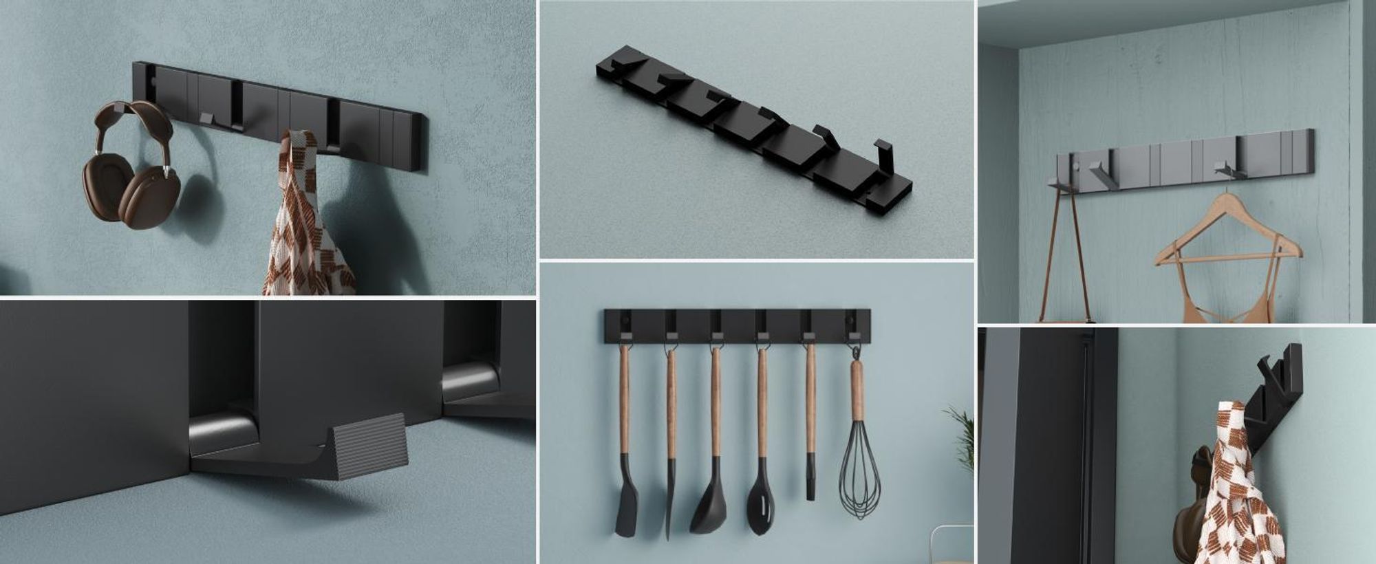 Mai & Mai Wandgarderobe Wandhaken aus Aluminium Garderobe mit 6 klappbaren Haken Garderobenleiste Garderobenhaken Kleiderhaken 44,5cm Schwarz