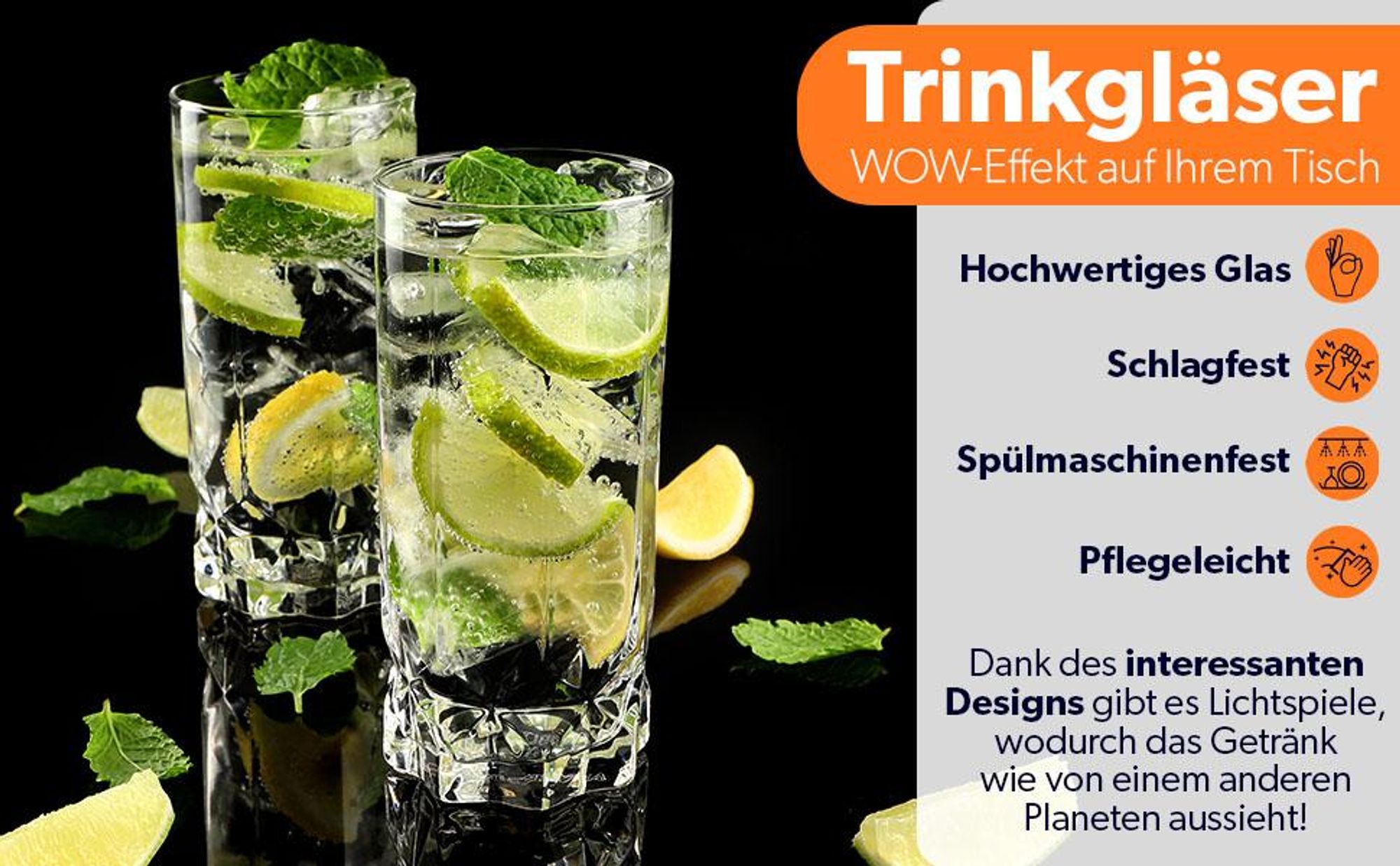 KADAX Trinkgläser, 6er Set, Wassergläser, Saftgläser aus Glas, Gläser für Wasser, Drink, Saft, Party, Garten, Universalgläser, Cocktailgläser, Getränkegläser, modernes Design (325ml, Hoch)