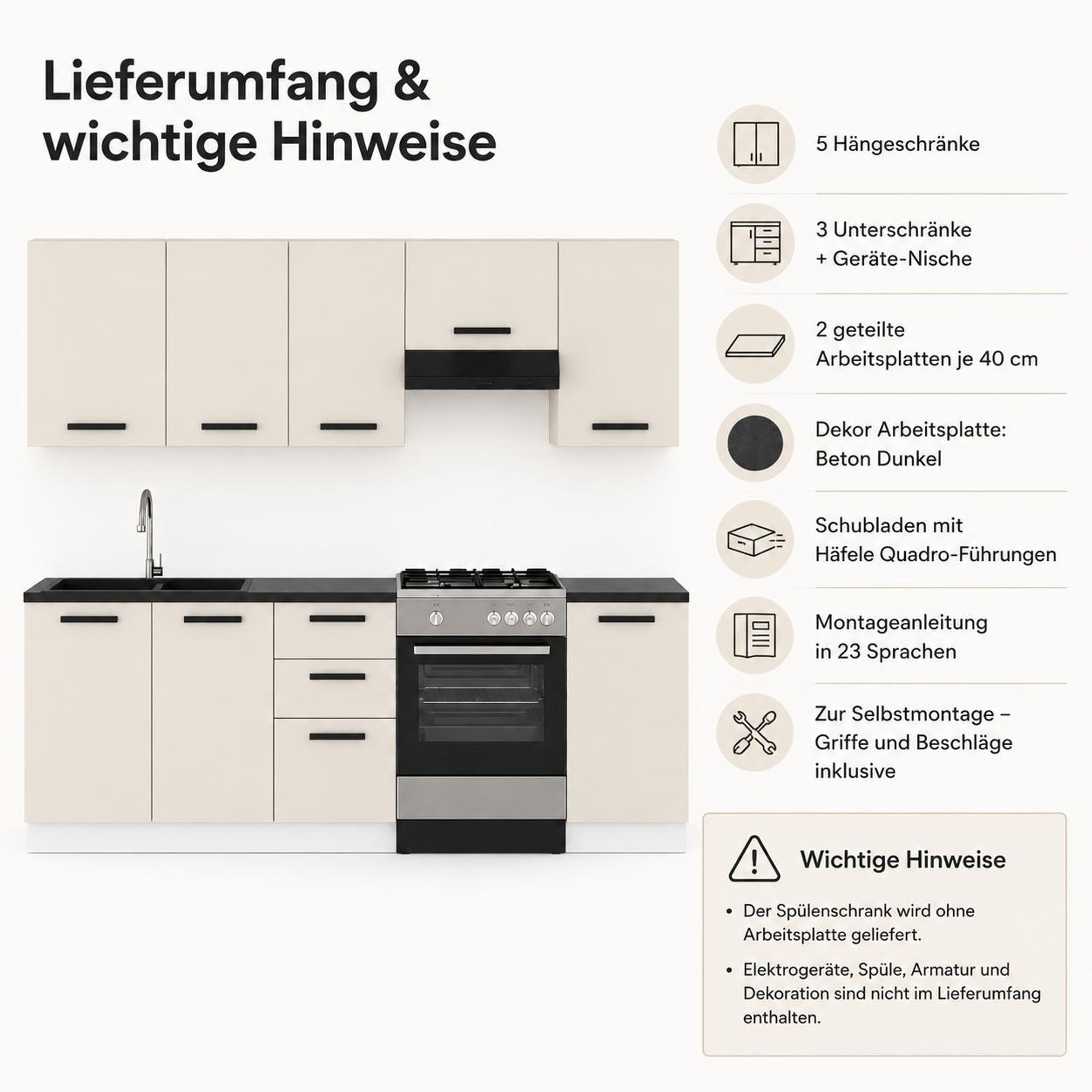Lieferumfang der 220 cm Küchenzeile in Kaschmir-Beige mit wichtigen Hinweisen.