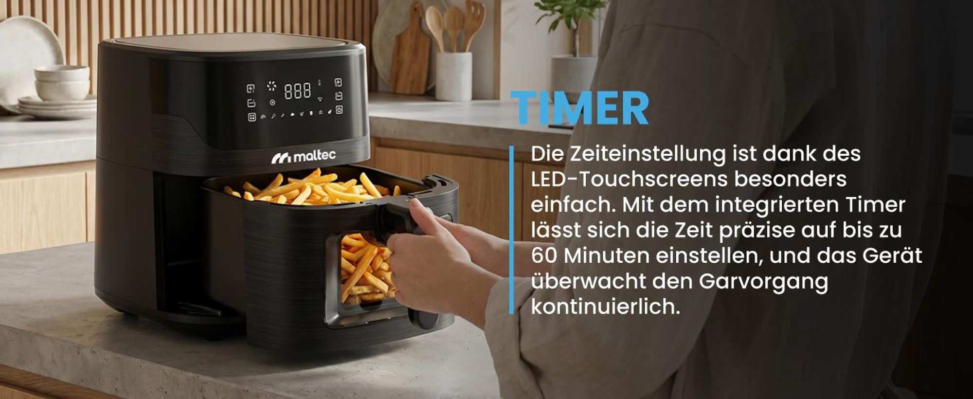 Heißluftfritteuse mit 7 Litern Fassungsvermögen, Sichtfenster und 8 Programmen in Schwarz