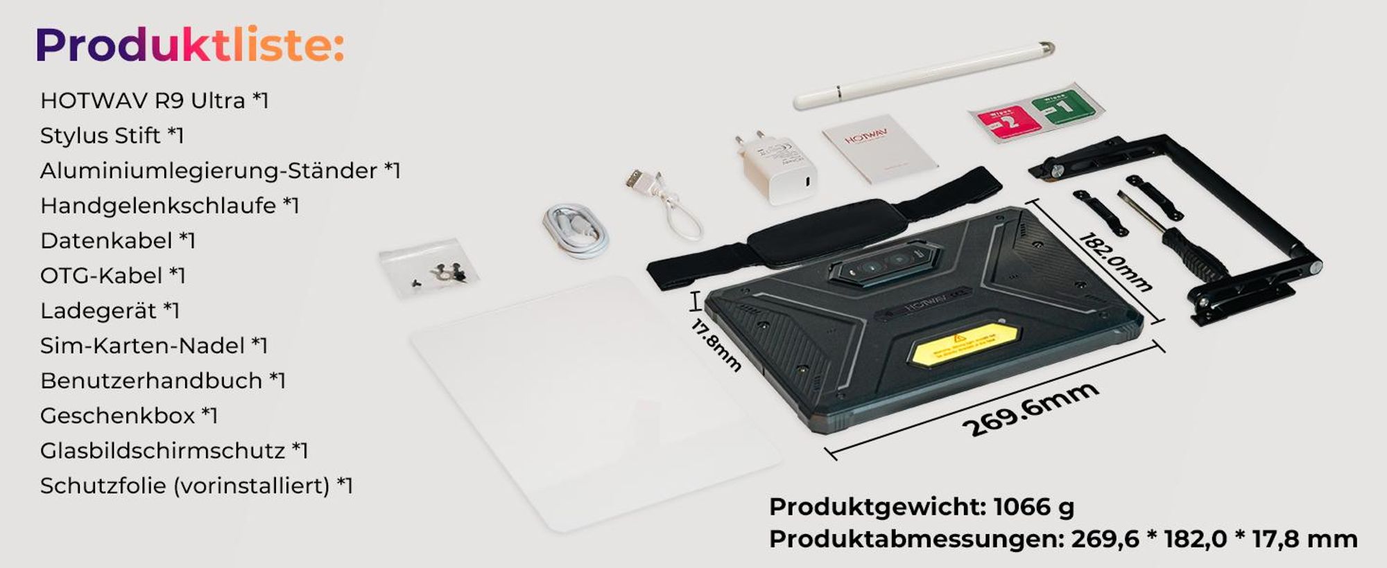 HOTWAV R9 Ultra 5G Outdoor Tablet, 20080mAh Wasserdicht Tablet, Android 15, 11" 2K FHD+ Rugged Tablets 24GB+512GB,64MP IP68/ Dual SIM/5G WiFi/GPS/OTG