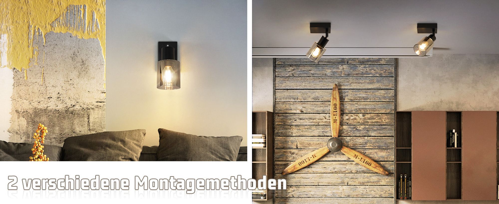 ZMH Deckenstrahler Vintage 1 flammig retro Deckenleuchte Schwarz Industrial Deckenlampe E14 Deckenspots Flur aus Glas Schwenkbar 350° Wandstrahler für Küche Wohnzimmer Ohne Leuchtmittel