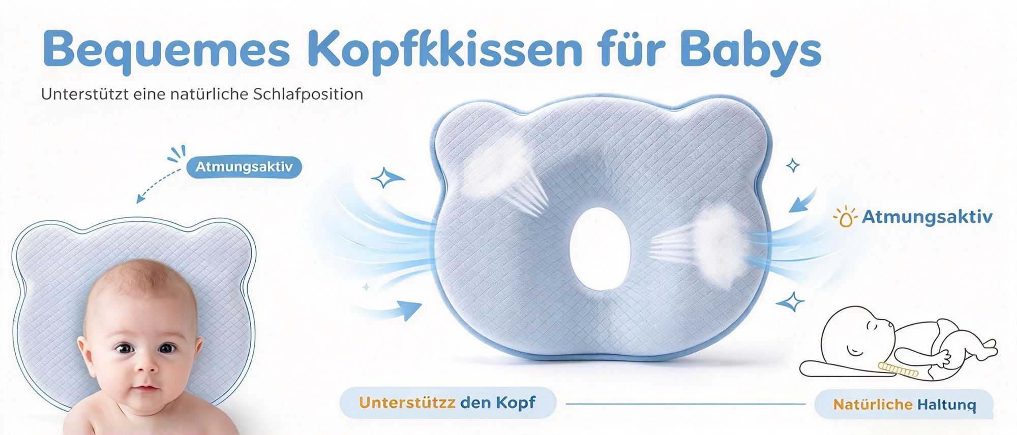 Juksun Babykissen, Orthopädisches Plattkopf und Gegen Plattkopf Babykopfkissen Memory-Schaum-Kissen, Baby Kissen Kopfverformung Plattkopf,Blau
