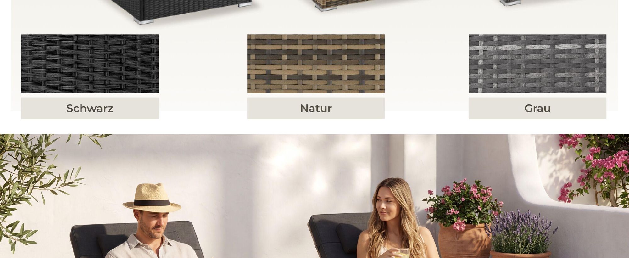 tectake®️ Rattan-Doppelliege mit Tisch Carbonera - Verstellbare Rückenlehne - 6 Neigungswinkel - Farbe Schwarz - Set 2 Liegen