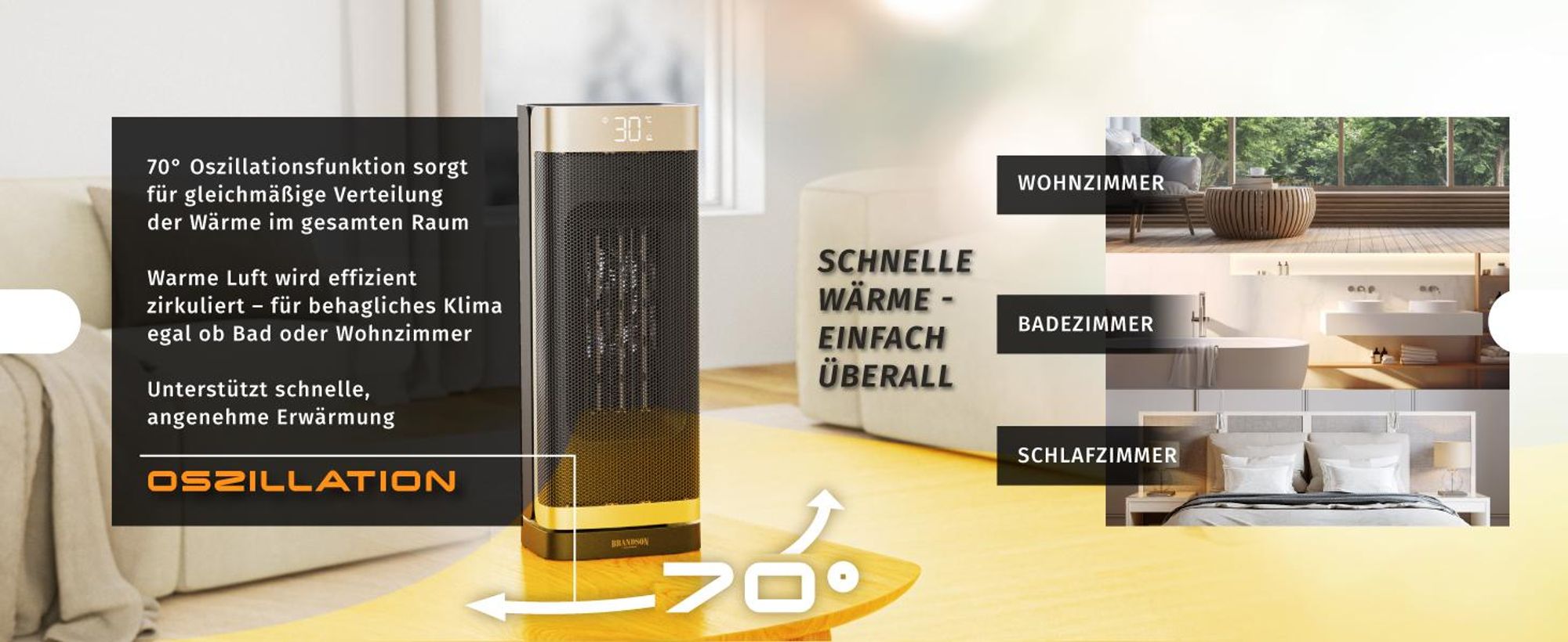 Brandson Keramik Heizlüfter 2000 W, 70° Oszillation