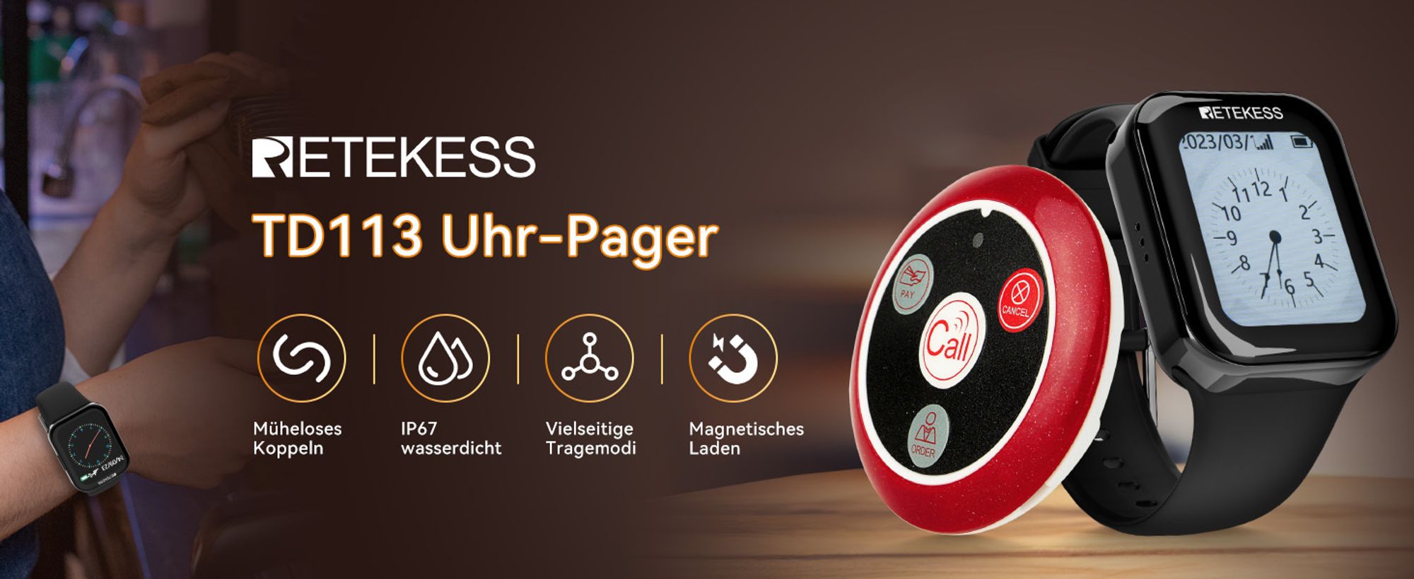 Retekess TD113-TD117 Restaurant Pager System, drahtloses Rufsystem, IPX67 wasserdicht, 262ft, einstellbare Lautstärke Touchscreen, Restaurants, Hotel