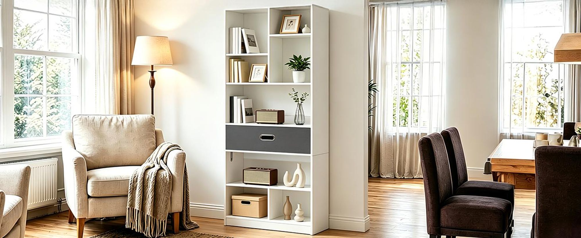 Bücherregal, Standregal mit 7 Fächern und 1 Stoffschublade, Büroregal Aufbewahrungsregal, 60 × 24 × 170 cm, Weiß