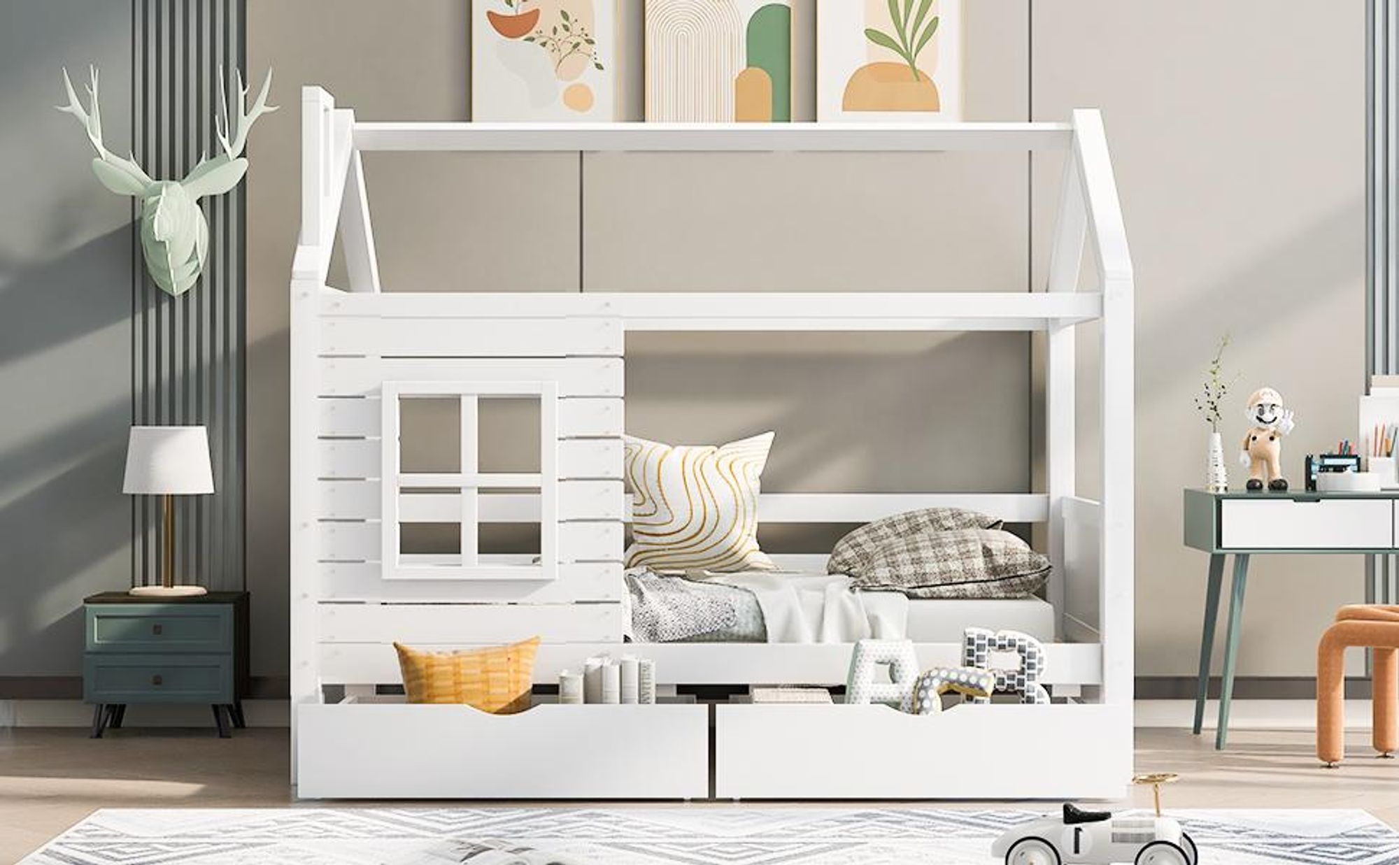 STILVORA Kinderbett 90x200 Jugendbett aus Massivholz,mit 2 Schublade&Fenster und Lattenrost,Hausbett mit Stauraum,mit Rausfallschutz,Weiß(Ohne Matratze)