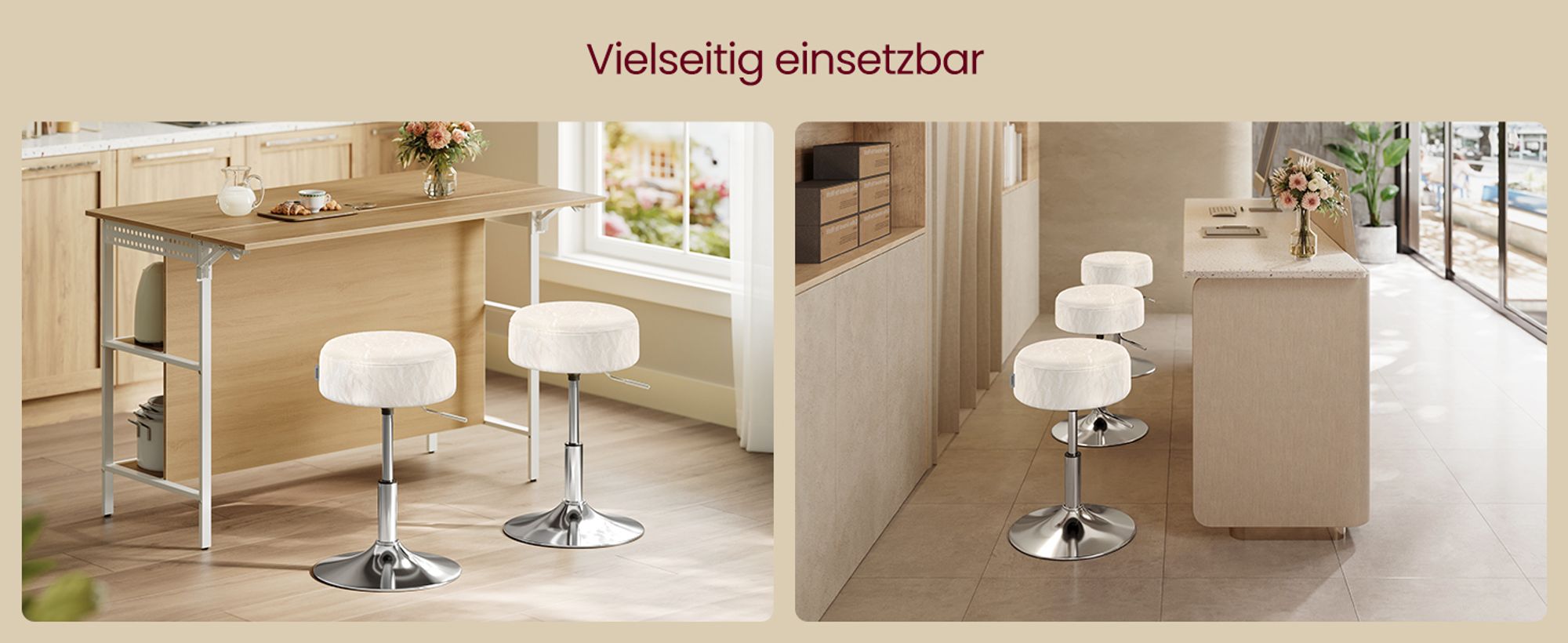 Schminkhocker, Schminkstuhl, Sitzhocker, höhenverstellbar, 360° drehbar, PU, dicke Polsterung, für Schlafzimmer, Küche, Esszimmer, cremeweiß