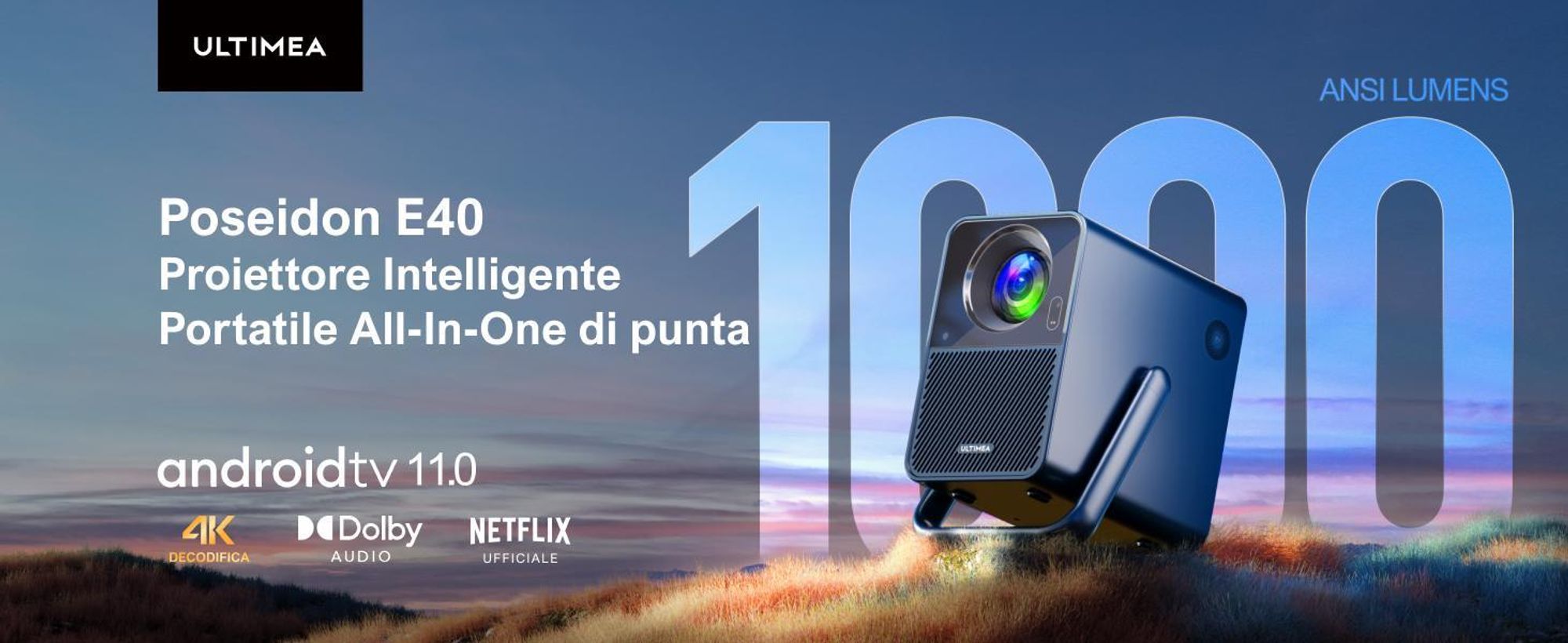 Proiettore Poseidon E40, Android TV 11.0 con Netflix, proiettore audio Dolby, 2000:1, 1920 x 1080 px, design con maniglia per il trasporto, proiettore portatile nativo 1080P