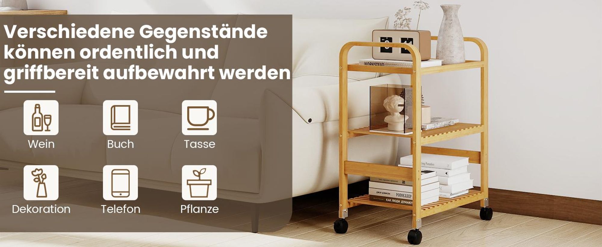 COSTWAY Servierwagen mit 3 Ablagen, Griffen & abnehmbarem Rollen, Küchenwagen Bambus auf Rädern, Mobiler Allzweckwagen Rollwagen Lagerregal für Küche, Flur & Bad, 58 x 33 x 76 cm