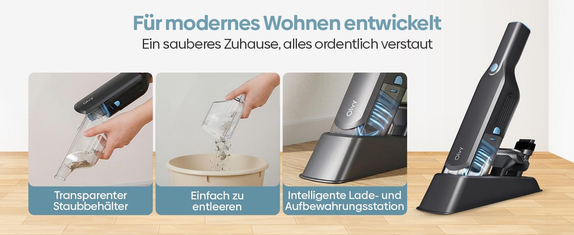 Olvy Handstaubsauger Akku beutellos, kabelloser Mini Staubsauger mit bürstenlosem Motor, inkl. Aufsätze, ideal für Auto, Sofa, Möbel & Tierhaare