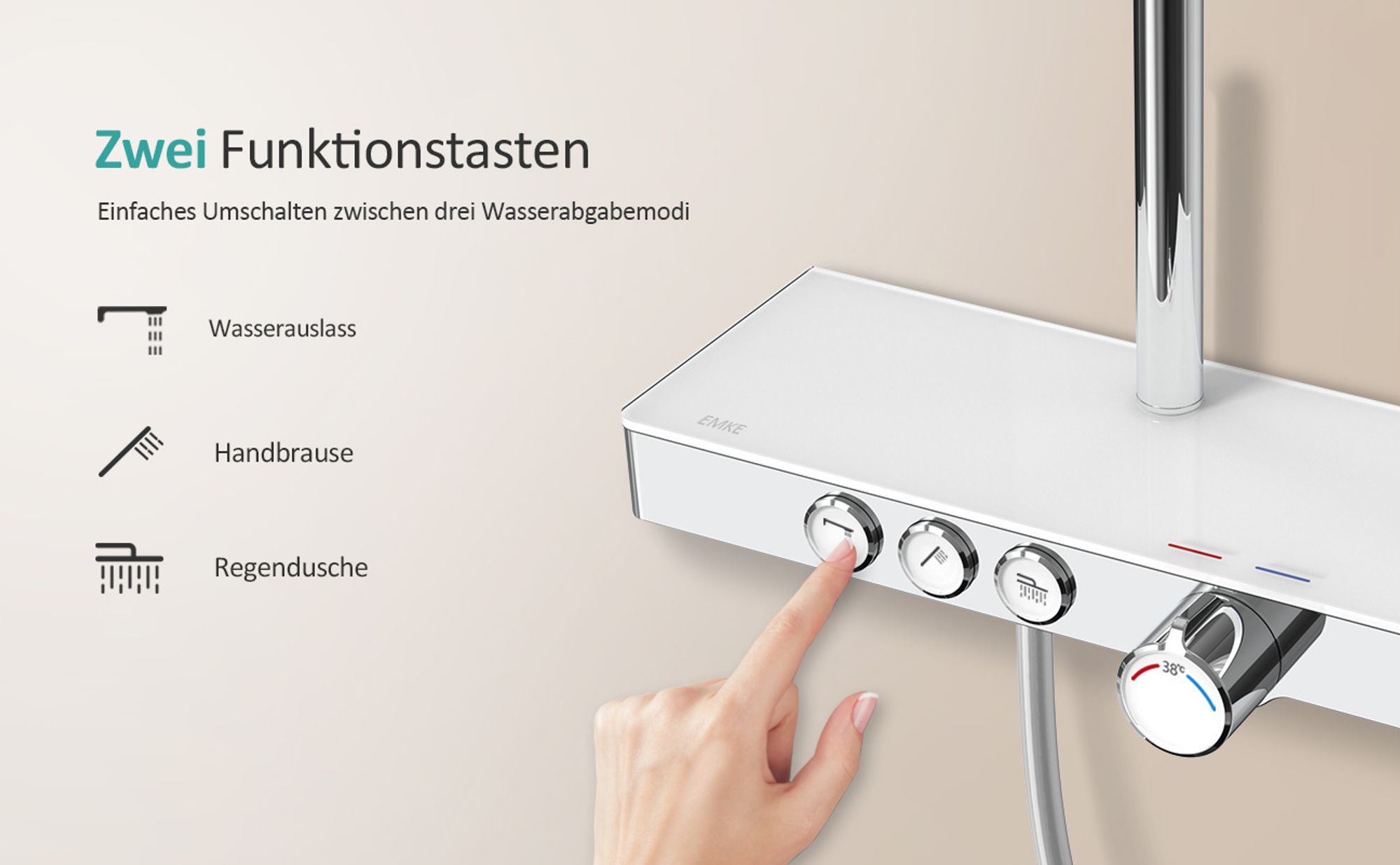 EMKE Duschsystem mit Thermostat Glasablage Handbrause 3 Strahlarten Regendusche, Bad- & Duscharmaturen, Wandmontage, KTW-, Chrom - F09