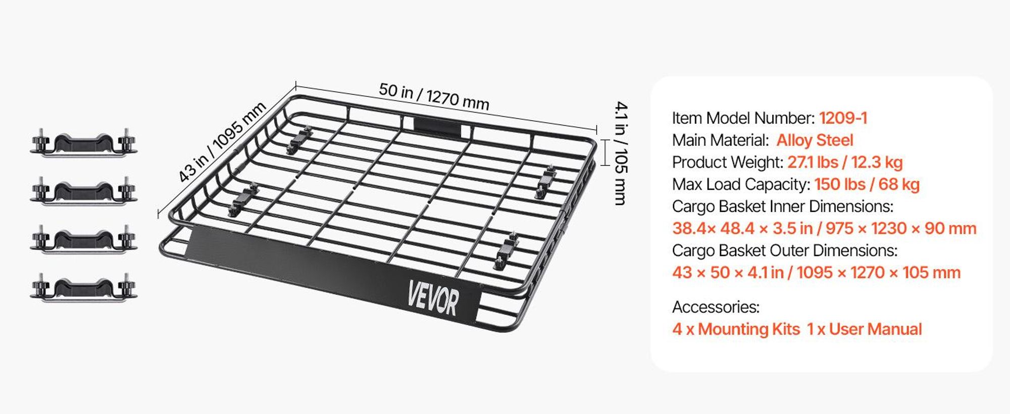 VEVOR Dachgepäckträgerkorb Dachkorb (1095 x 1270 x 105 mm) Edelstahllegierungsstahl, maximale Belastung 68 kg, geeignet für Dachgepäckträger auf SUV-Trucks