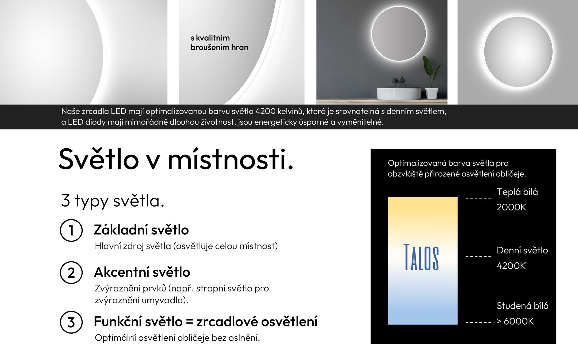 Koupelnové zrcadlo s osvětlením TALOS LED, kulaté Ø 60 cm - vhodné do vlhkých prostor díky hliníkovému korpusu - světelná barva neutrální bílá