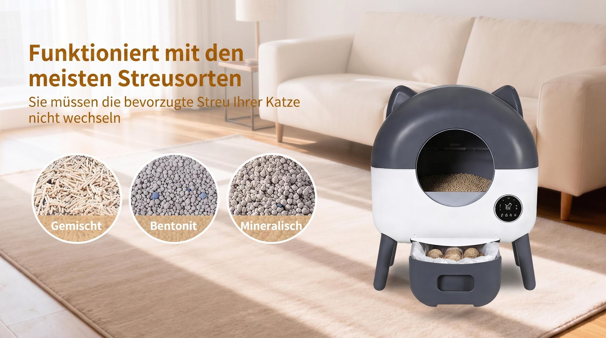 Selbstreinigende Katzentoilette 76L XXL Katzenklo mit App-Steuerung, für mehrere Katzen, 8-fach Anti-Klemm-Sensoren, geruchsarm, leise, LED-Nachtlicht