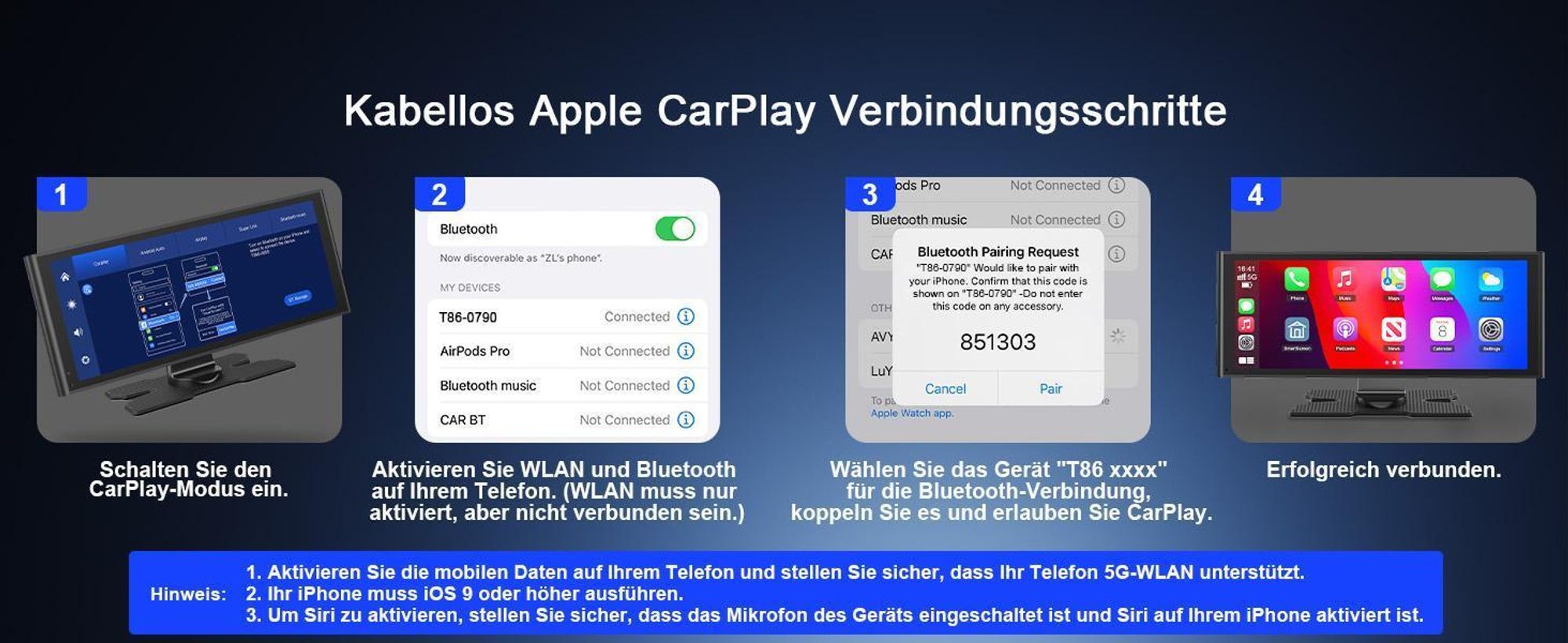 9.26 Zoll Carplay Display mit 2.5K Dashcam Auto Vorne,1080P Rückfahrkamera, Wireless A-pple Carplay Android Auto, Mirror Link