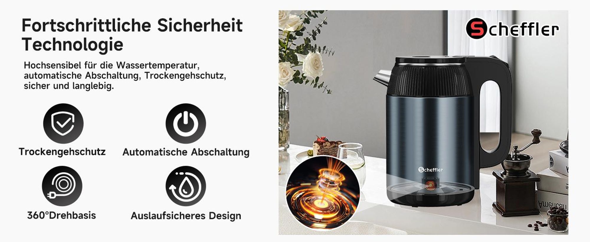 SCHEFFLER Wasserkocher Edelstahl 2,2 Liter Elektrischer Wasserkocher 1500W Teekocher, BPA Frei, Trockengehschutz Auto-Off LED-Anzeigele, Blau