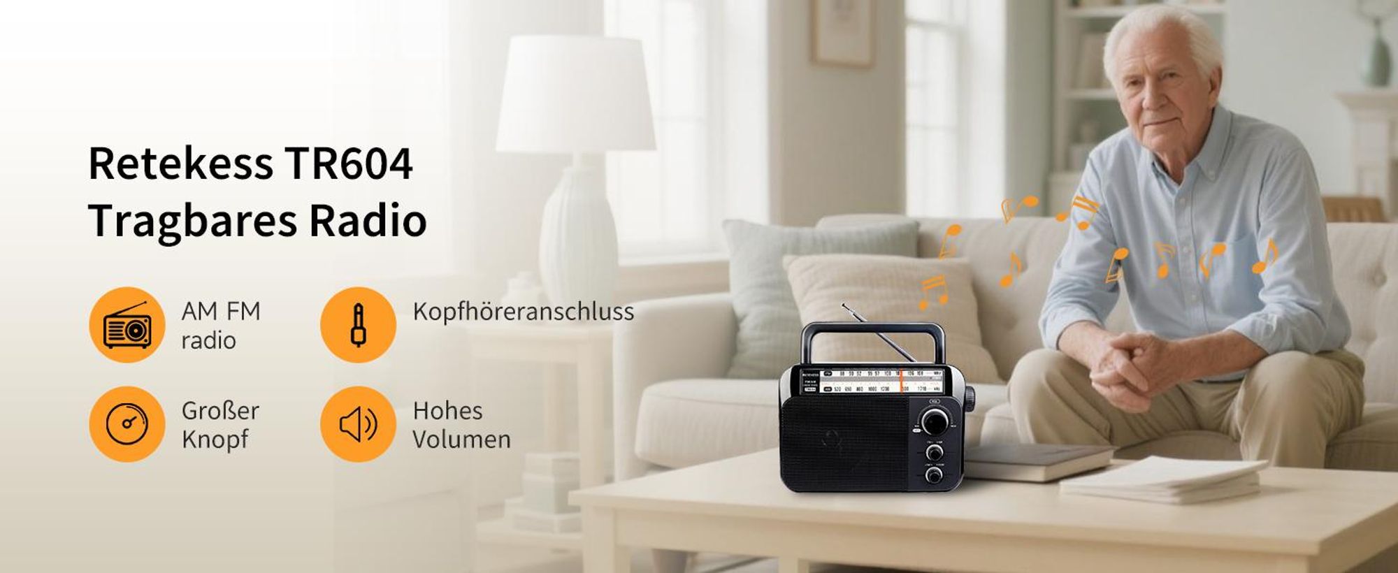 Retekess TR604 Tragbares Radio, FM Radio mit Batteriebetrieb, Großer Knopf Großer Lautsprecher Einstellbare Höhen und Bässe für Senioren Vatertag