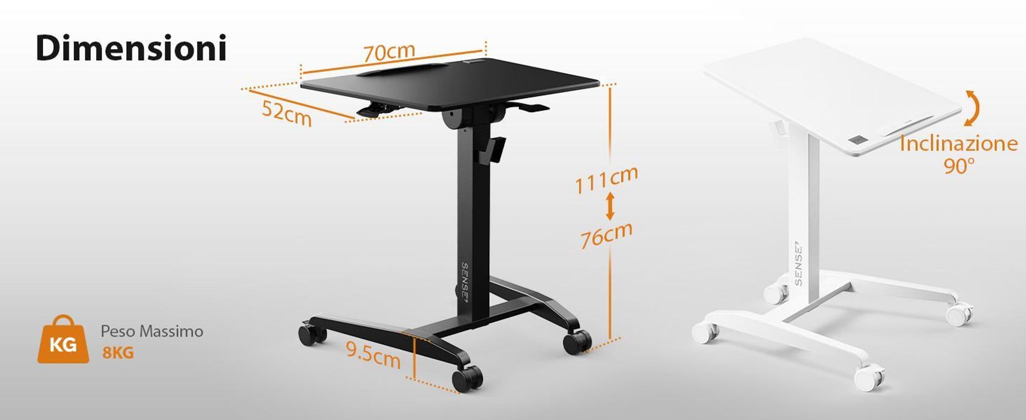 SENSE7 Scrivania su rotelle Scrivania mobile - Piano ribaltabile Regolabile in altezza Ampia superficie di lavoro Stile moderno e minimalista 70x52 cm Nero