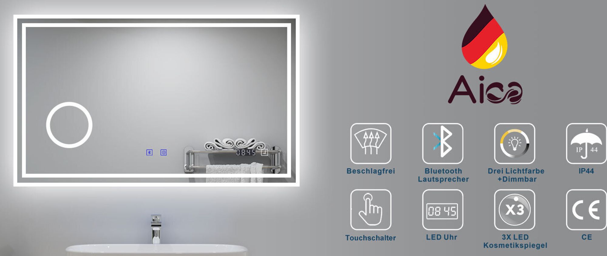 AICA LED Badspiegel 80x60cm mit Uhr Bluetooth Beschlagfrei 3-Fach Vergrößerung Schminkspiegel Badezimmerspiegel 3 Lichtfarbe 3000K/4500K/6000K IP44