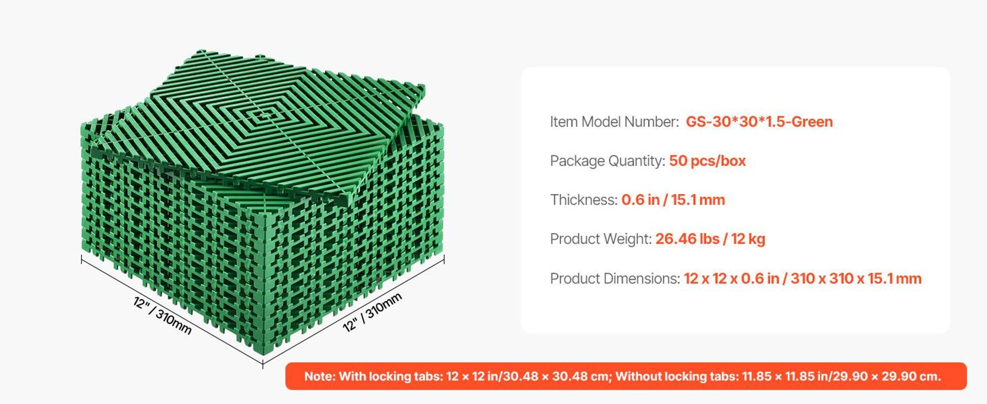 VEVOR Verbindungsdrainagematte, 30 cm x 30 cm modulare Verbindungsunterlage, 40 Stück Verbindungsdrainagematten, rutschfeste graue PP-DRAINAGEFLIESEN und DUSCHMATTE, für Garage, Garten, Küche und Außenbereich, Grün, 50 pcs-b