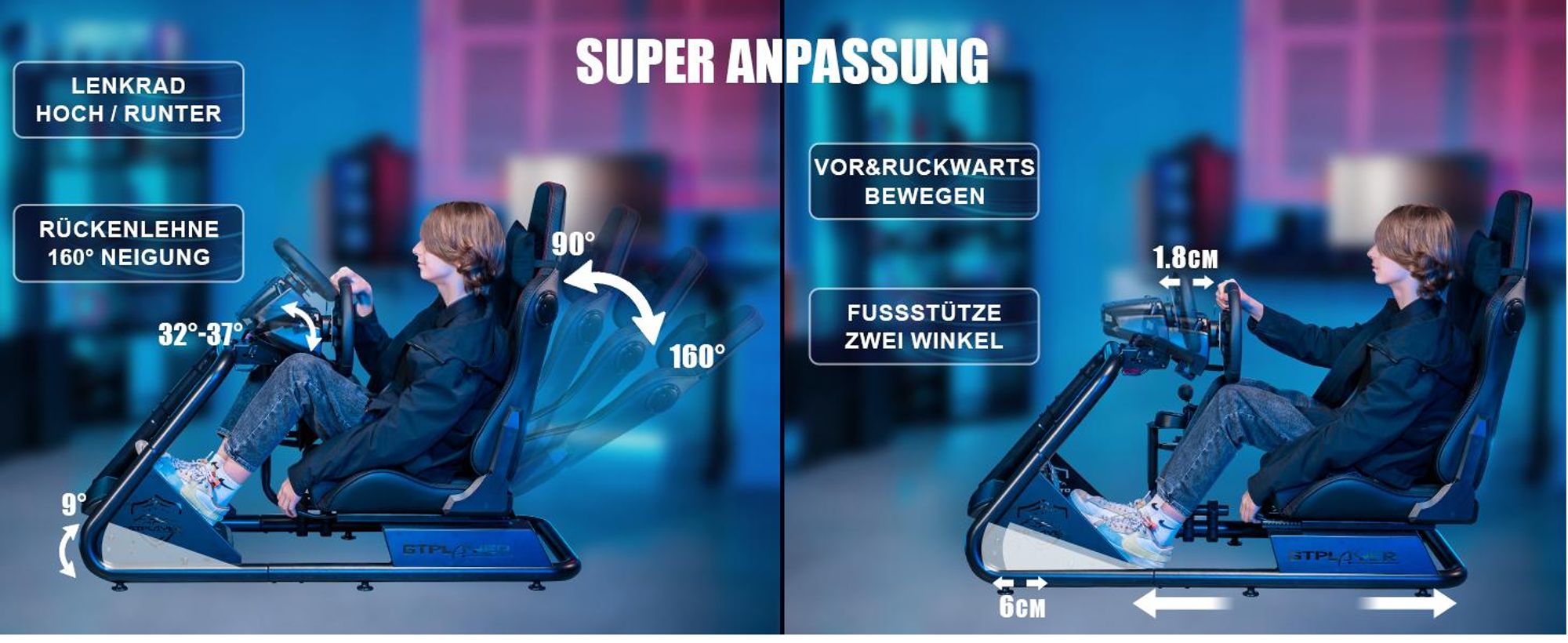 GTPLAYER Simulator Cockpit, SIM racing Cockpit, rennsimulator lenkradständer Gamingstuhl racing wheel stand mit Bluetooth-Lautsprecher und Pedalablage