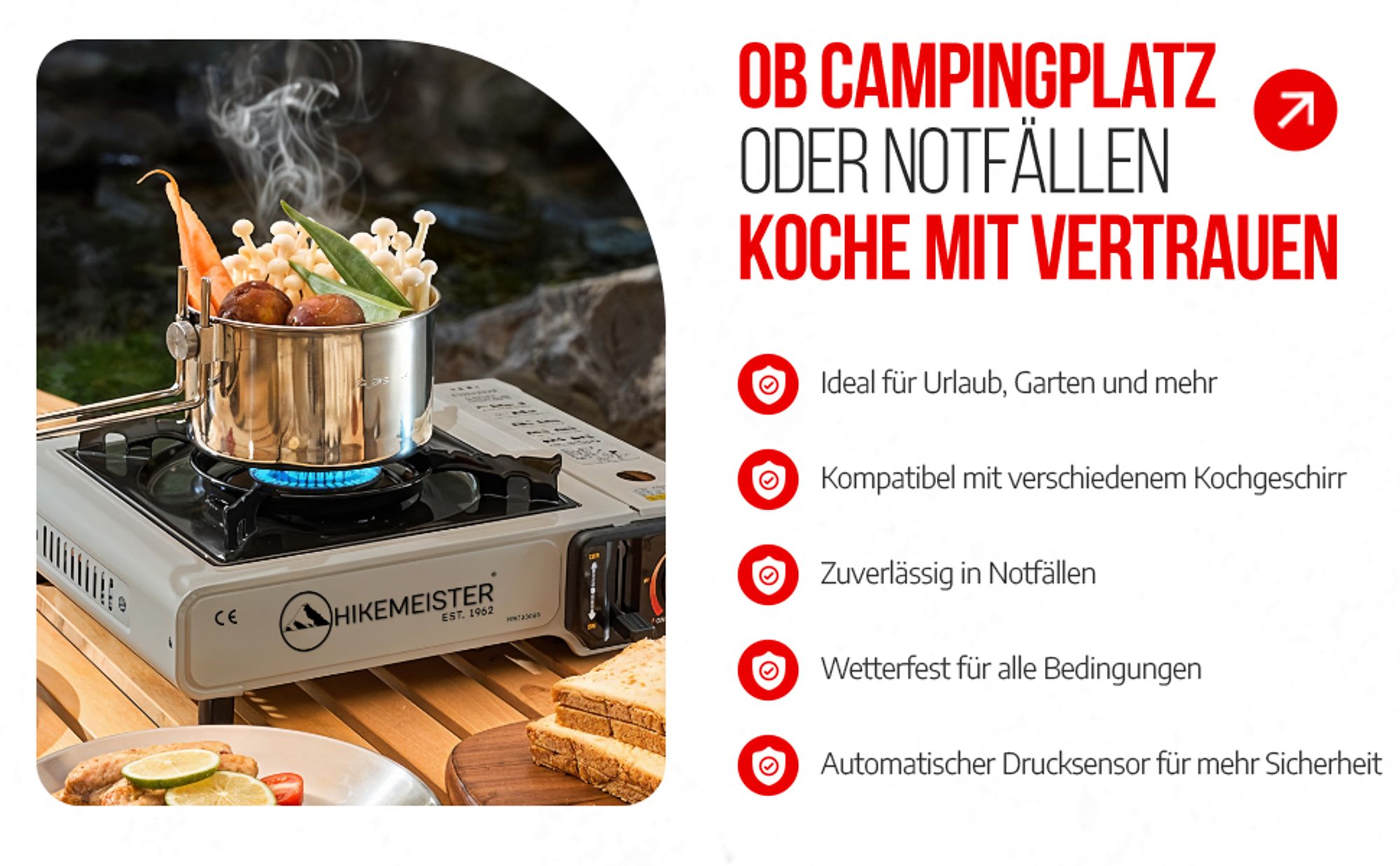 Hikemeister® Campingkocher Gas – Tragbarer Gaskocher 2200W mit Koffer – Camping Gasherd Outdoor Butan Kocher für Campingurlaub, Balkon & Garten - Grau