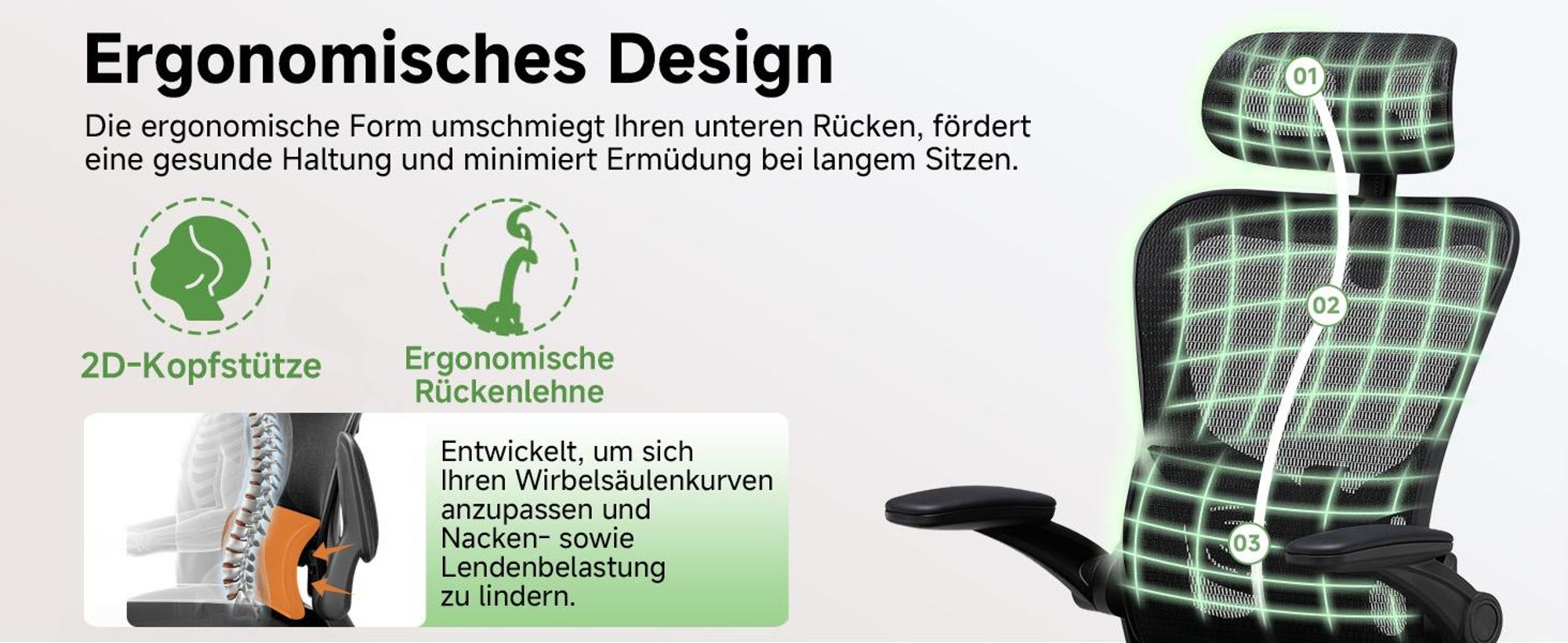 COMHOMA Bürostuhl Ergonomisch, Schreibtischstuhl mit Verstellbarer Kopfstütze, Armlehnen, Lendenwirbelstütze, Wippfunktion, Chefsessel aus Mesh, 150kg