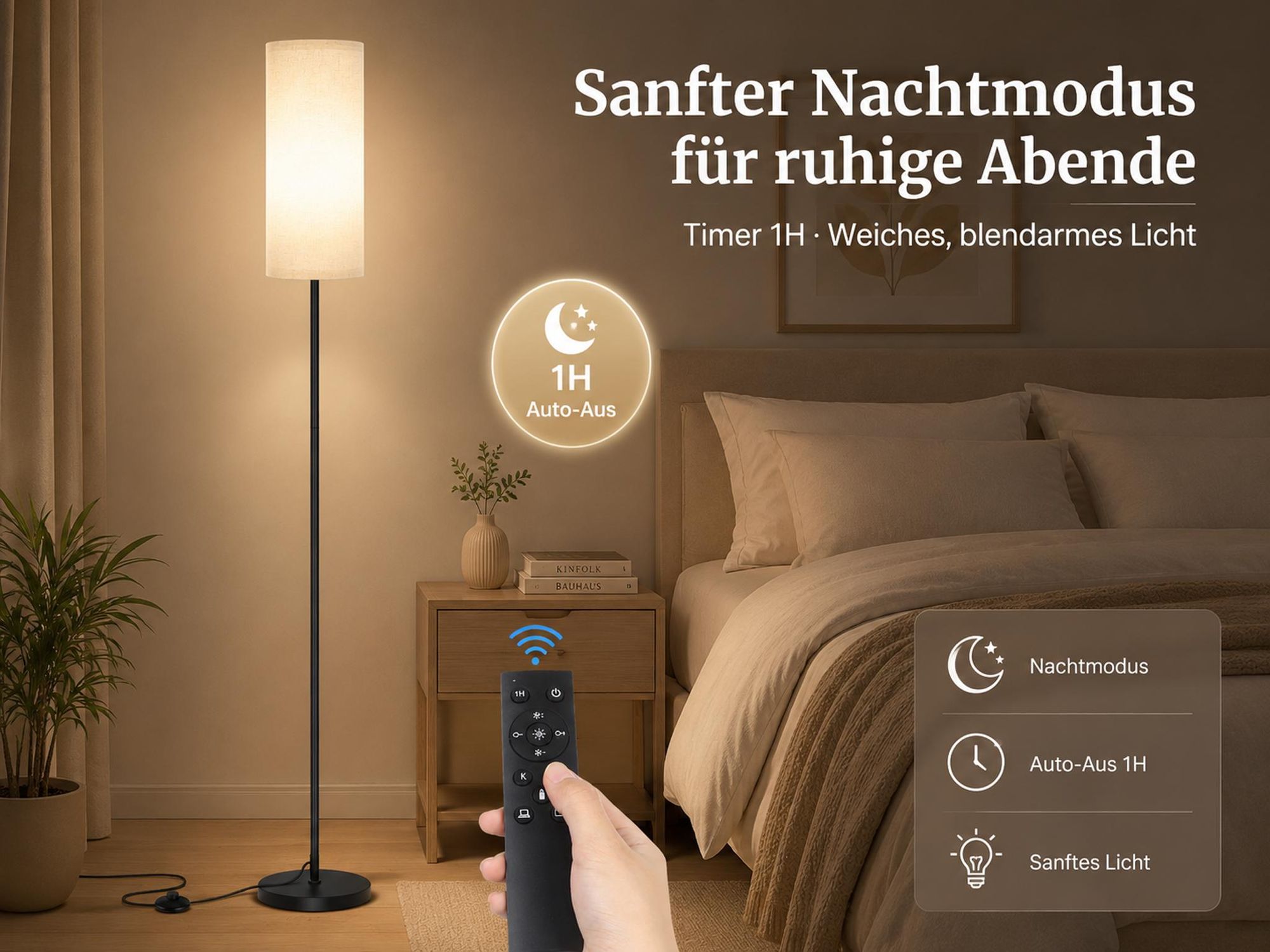 160cm LED Stehleuchte mit Leinenschirm Dimmbar Stehlampe mit Fernbedienung & Fußschalter Timer Nachtlicht Modus LED Lampe Warmweiß Retro Wohnzimmer