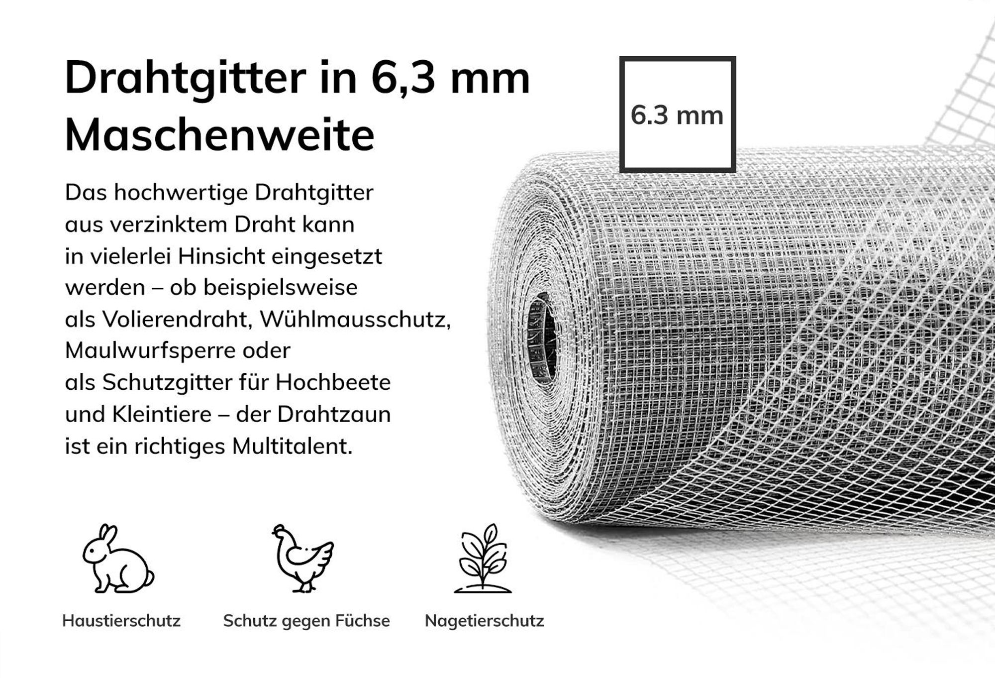 Floordirekt Drahtgitter verzinkt, feinmaschig 6,3 mm Volierendraht, Wühlmausschutz & Nagerschutz, Maschendrahtzaun Rolle zuschneidbar - 0,5 x 5 m