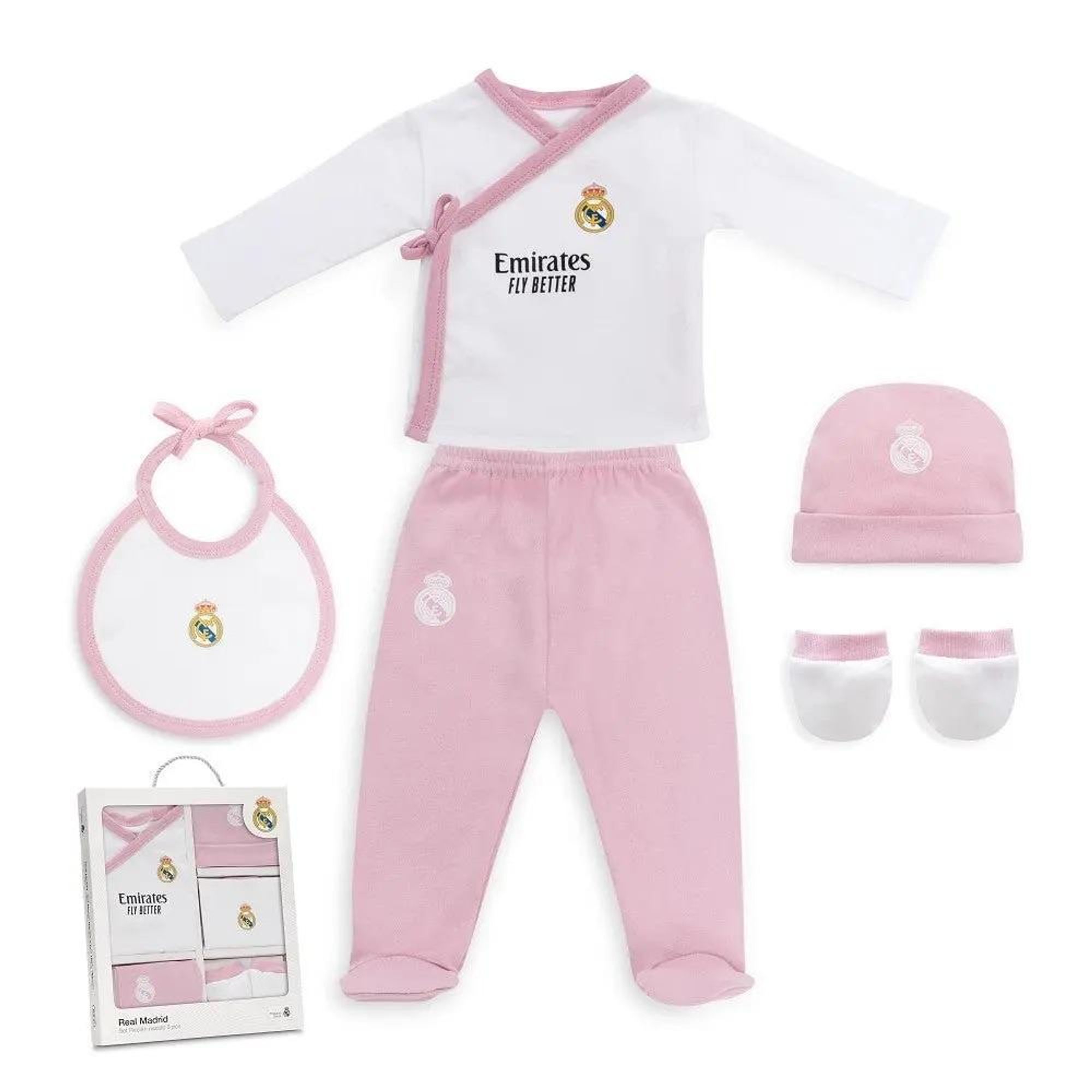 Baby Erstausstattungsset Real Madrid 5 teilig rosa Set mit Body Hose Mütze Lätzchen und Fäustlinge