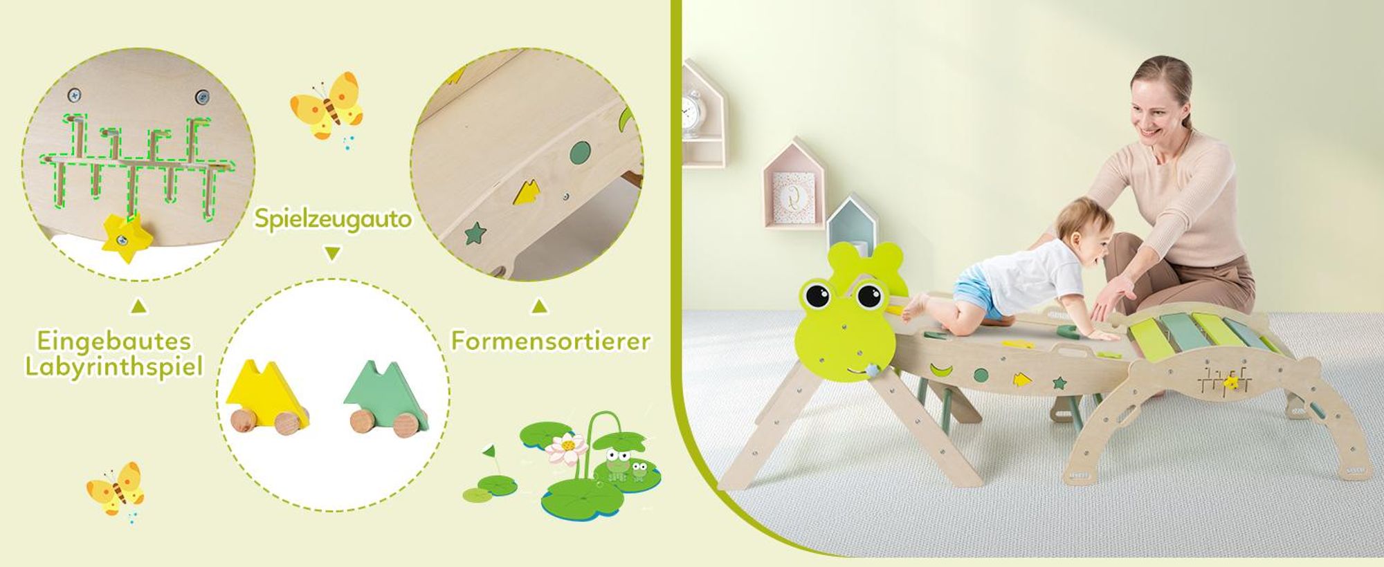 COSTWAY Klettergerüst Indoor 3er Set, klappabres Kletterdreieck mit Rutsche, Kletterbogen, doppelseitige Rampe, Baustein Set&2 Autos, für Kinder 1+