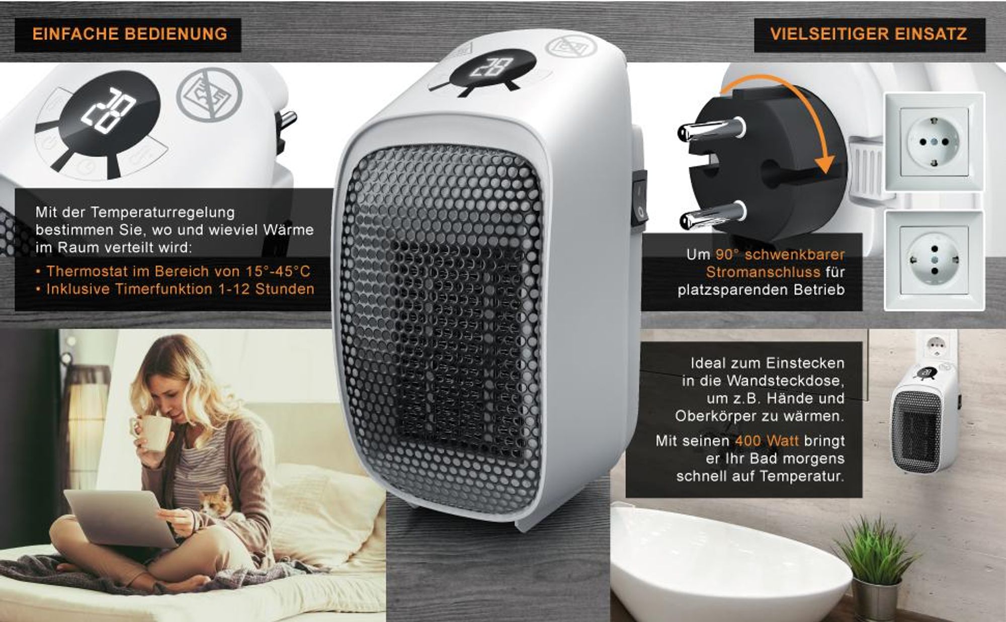 Brandson Steckdosen Heizlüfter mit Fernbedienung & Timer, 400W Heizlüfter, Überhitzungsschutz, Automatische Abschaltung, Weiß