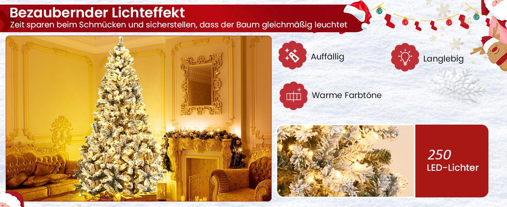 COSTWAY 180cm Künstlicher Weihnachtsbaum mit Schnee inkl. 600 Spitzen PVC Nadeln, 250 warmweiße LED-Leuchten & Metallständer, Tannenbaum, Christbaum, weiß