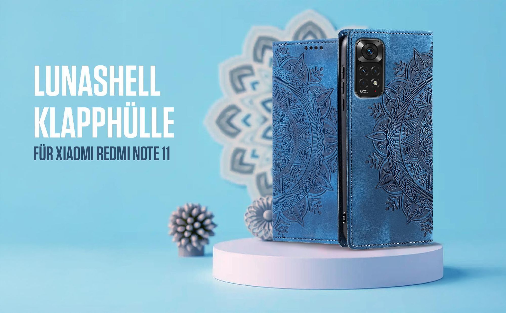 Blaue Klapphülle für Xiaomi Redmi Note 11 mit feiner Mandala Prägung