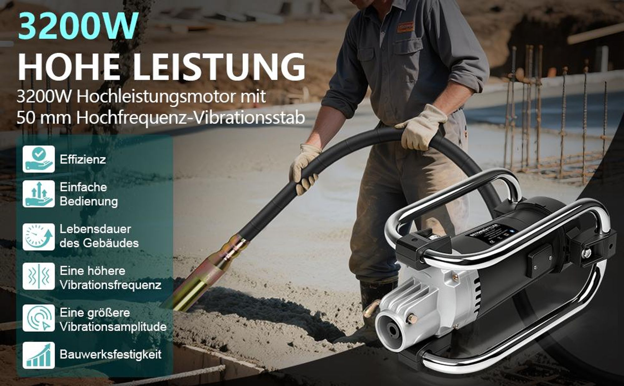 3200W 6800rpm Betonrüttler mit 50mm Schwingkopf, 6m Flexwelle Stoßfest Rahmen, Alu-Gehäuse, Betonvibrator Betonverdichter für Betonverdichtung
