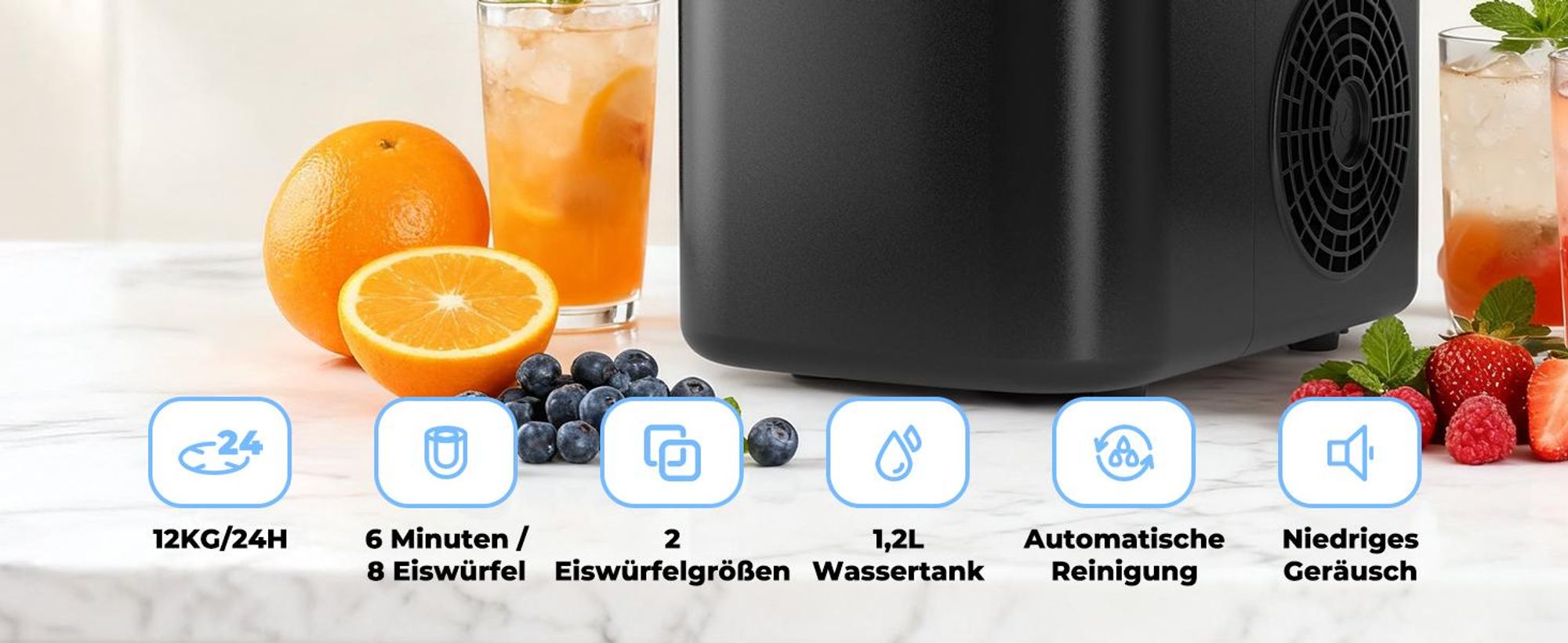Eiswürfelmaschine, Eiswürfelbereiter, Ice Maker, 12KG/24H, 2 Eiswürfelgrößen, 1,2 L Tank, Selbstreinigende, mit Griff-Eiswürfelkorb/Schaufel