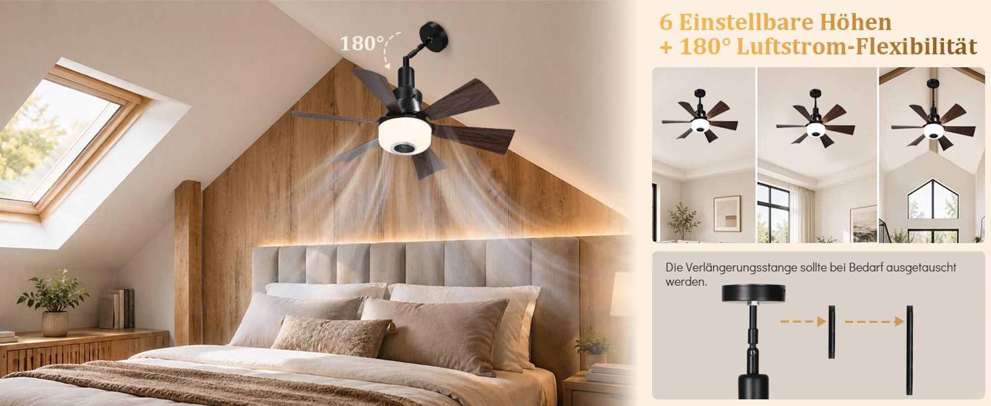 Deckenventilator mit Beleuchtung und Fernbedienung, E27 Fassung, RGB Dimmbar, 3 Windgeschwindigkeit, Einstellbar Höhen, Bluetooth Lautsprecher