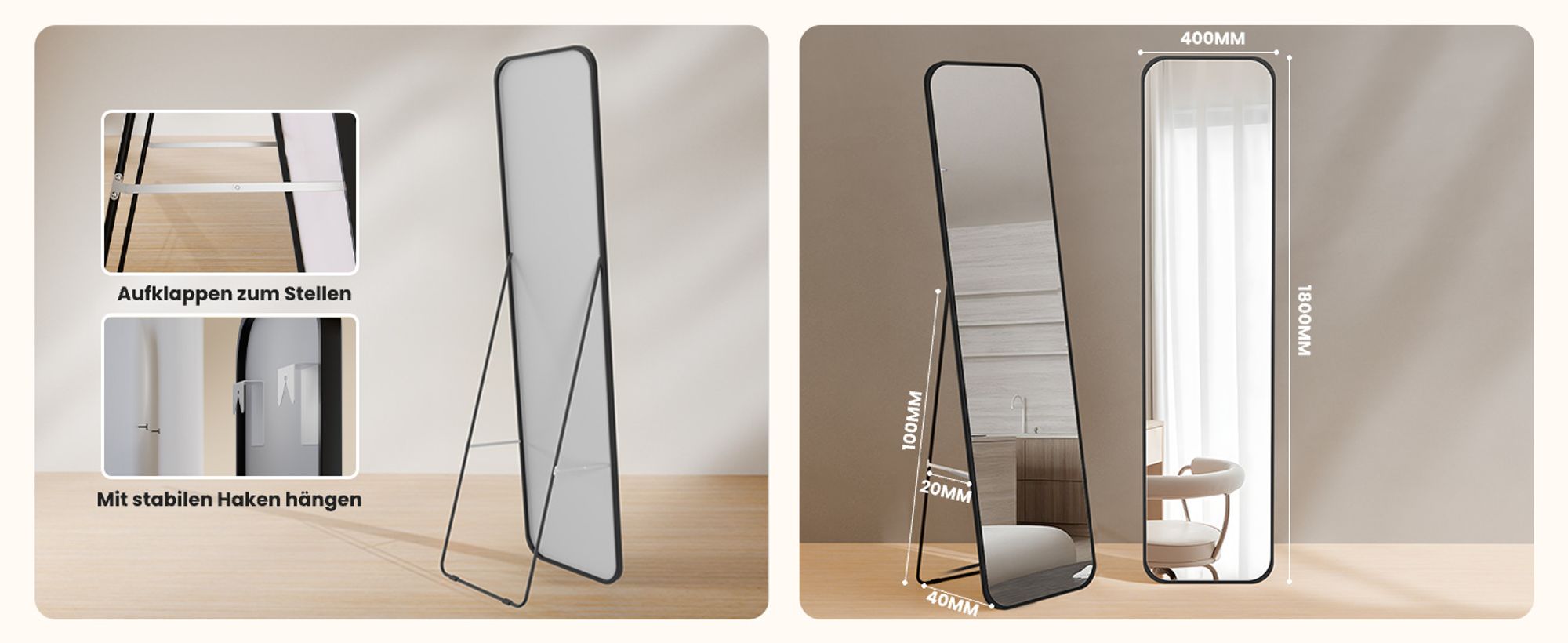 Heilmetz Standspiegel 160x40cm Wandspiegel mit Chorm Metallrahmen Ganzkörperspiegel Aluminiumrahmen Schwarz Matt