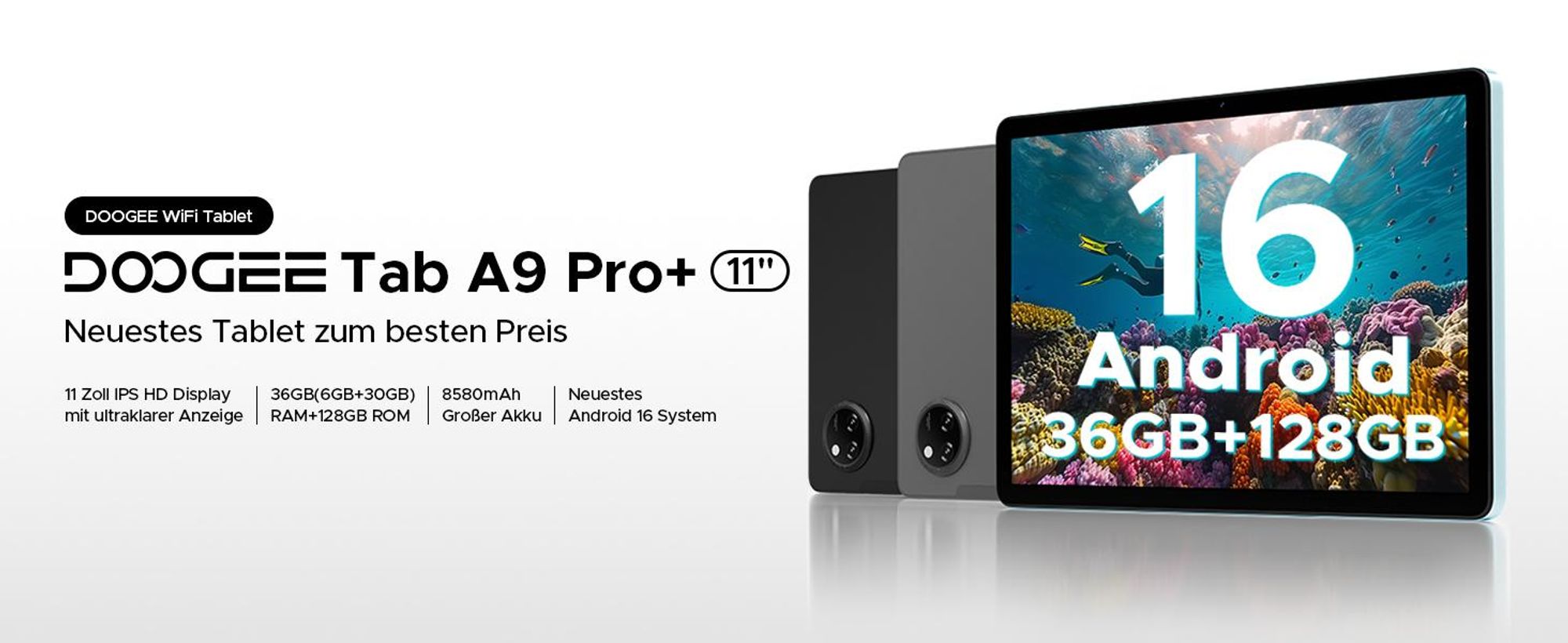 DOOGEE Tab A9 Pro+ - Tablet, Android 16, 11 Zoll, 30(6+24)GB+128GB(bis 2TB erweiterbar), 90Hz, 8580mAh,Widevine L1