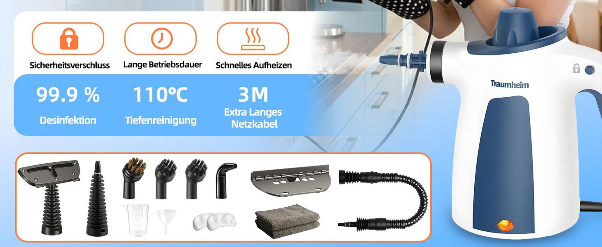 Dampfreiniger, Handdampfreiniger für das Haus Mehrzweck, 3 Bar Dampfdruck 350ML 1200W chemikalienfreier, Reinigung von Küche, Böden, Fliesen, Sofas
