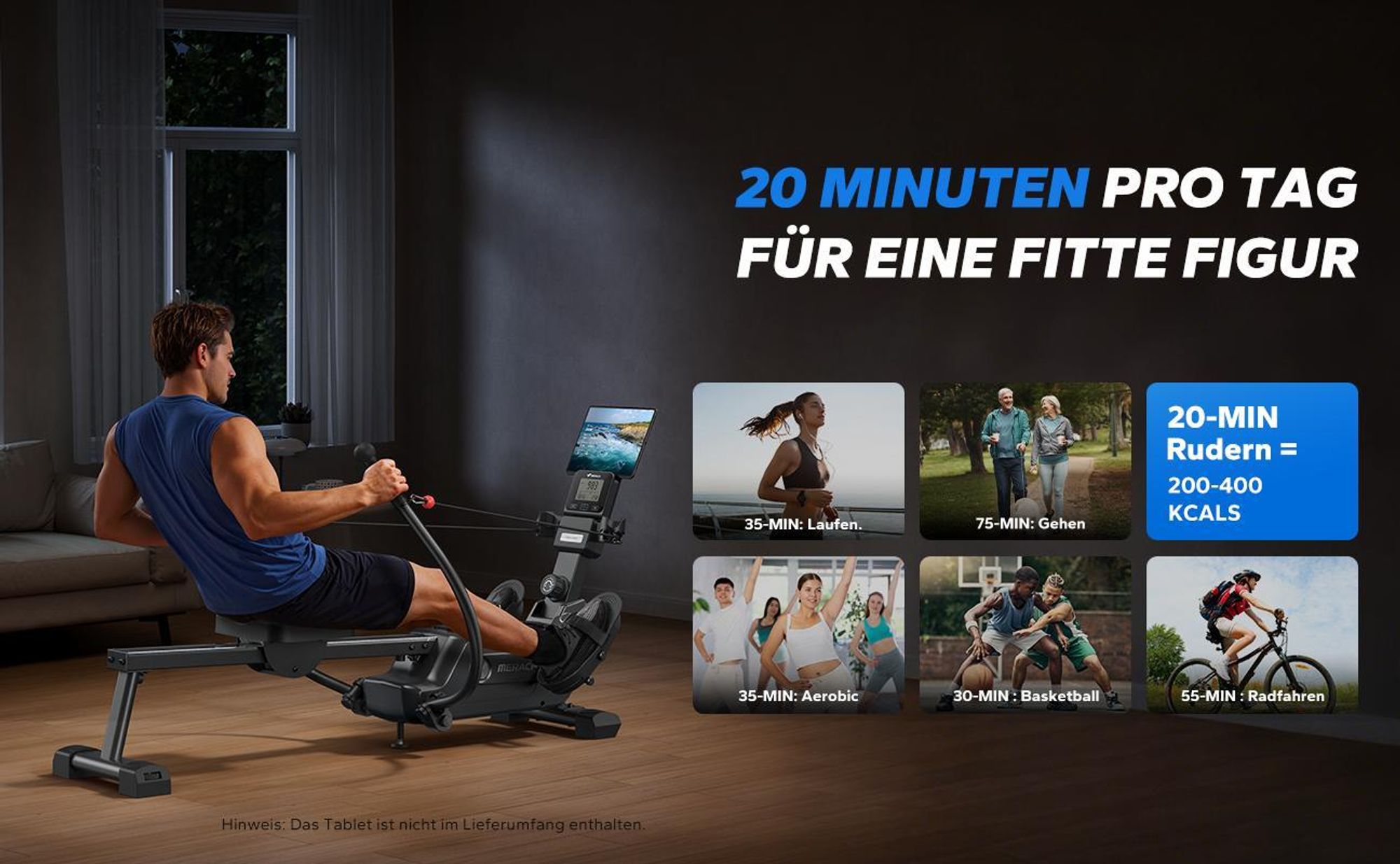 Magnetisches Rudergerät 36 kg Widerstand, 7 Modi, bis 158 kg, ergonomischer Sitz, LCD & Tablet-Halter, Bluetooth & Kinomap, App & Kurse, leise