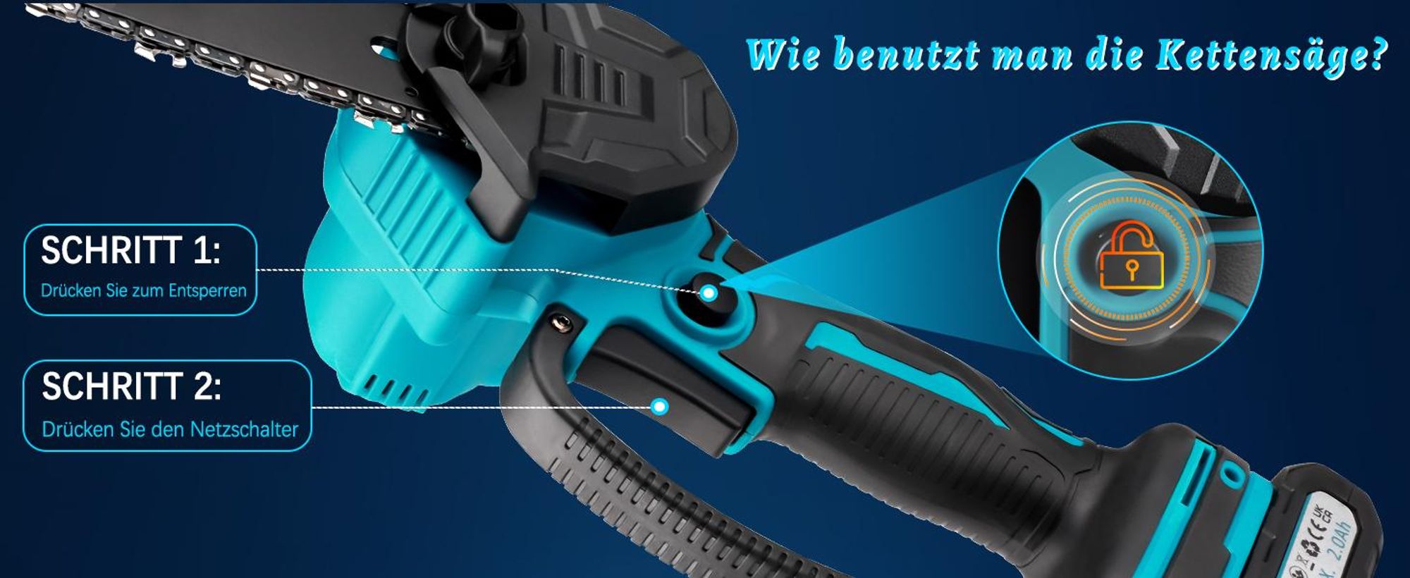 Mini Kettensäge, Akku Kettensäge, Handkettensäge, 6" Elektro-Kettensäge, mit 2 * 2.0Ah Akkus und Ladegerät, für Gartenbäumen, Astschere, Holzschneiden
