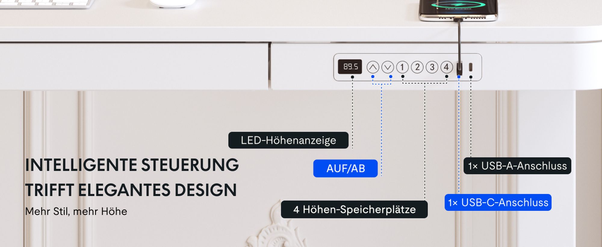 FLEXISPOT Q3 Höhenverstellbarer Schreibtisch Elektrisch mit Schublade, USB-C, 4 Speicherplätzen, Antikollisionsschutz, LED-Display 120x60cm (Weiß)