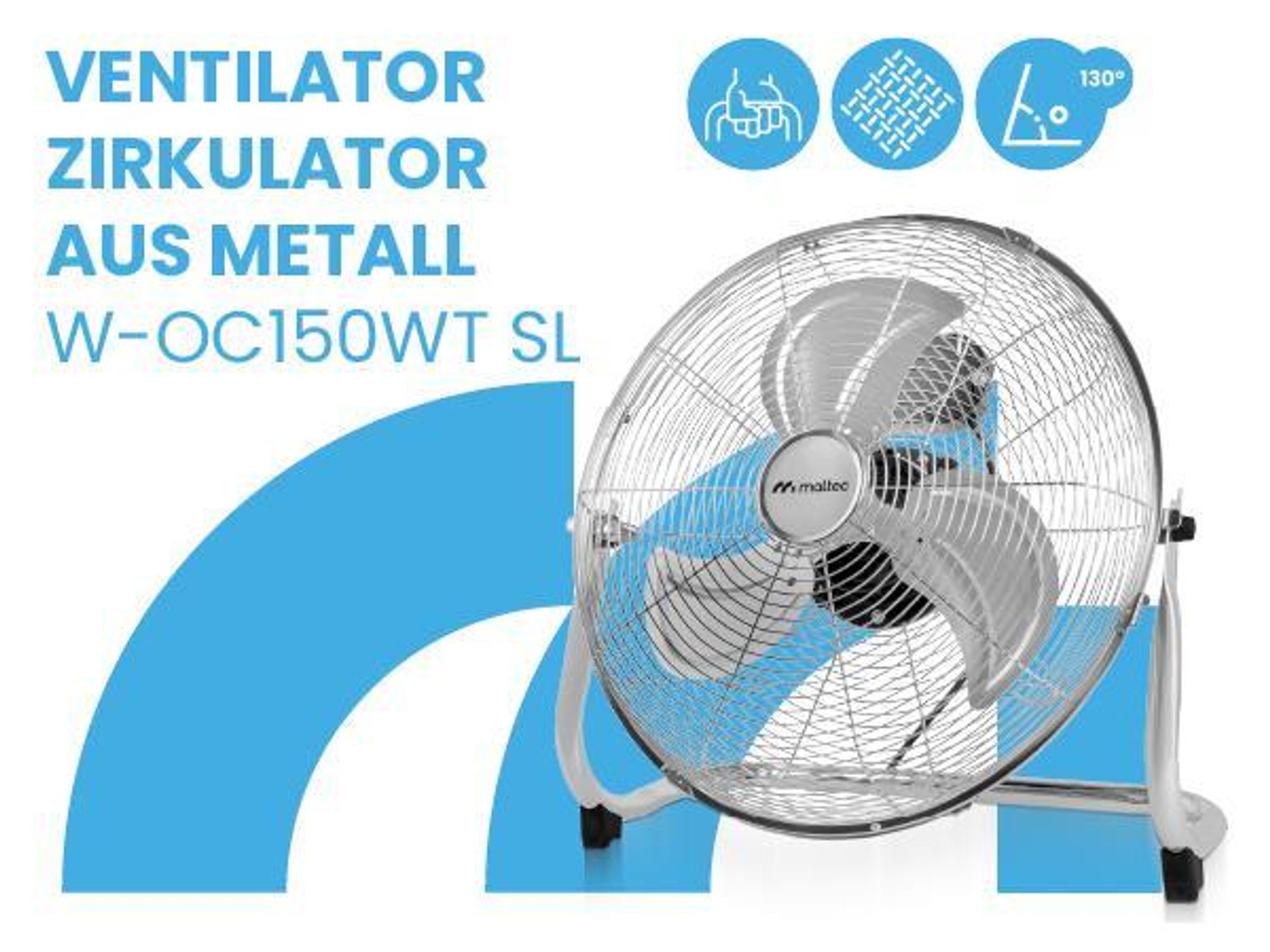 MalTec Bodenventilator Ventilator Windmaschine Luftkühler 44 cm 75W Silber 3 Stufen tragbar für Schlafzimmer Büro Wohnung Terrasse