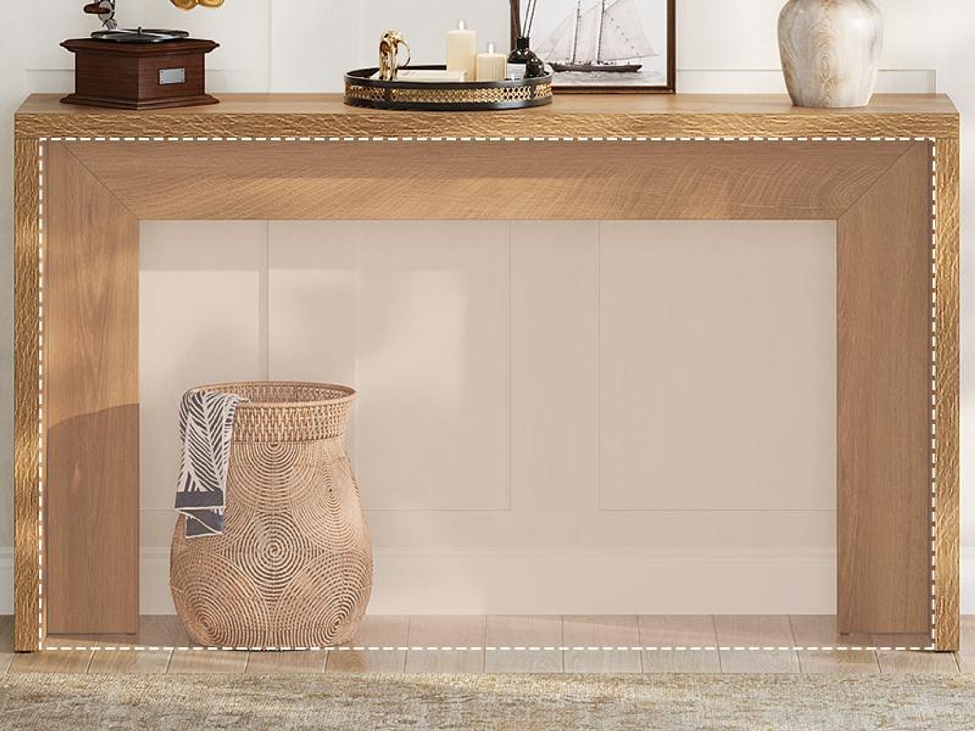 Tribesigns 140 cm Farmhouse table console, table basse en bois derrière le canapé avec espace de rangement, long support étroit de couloir salon, entrée, marron clair